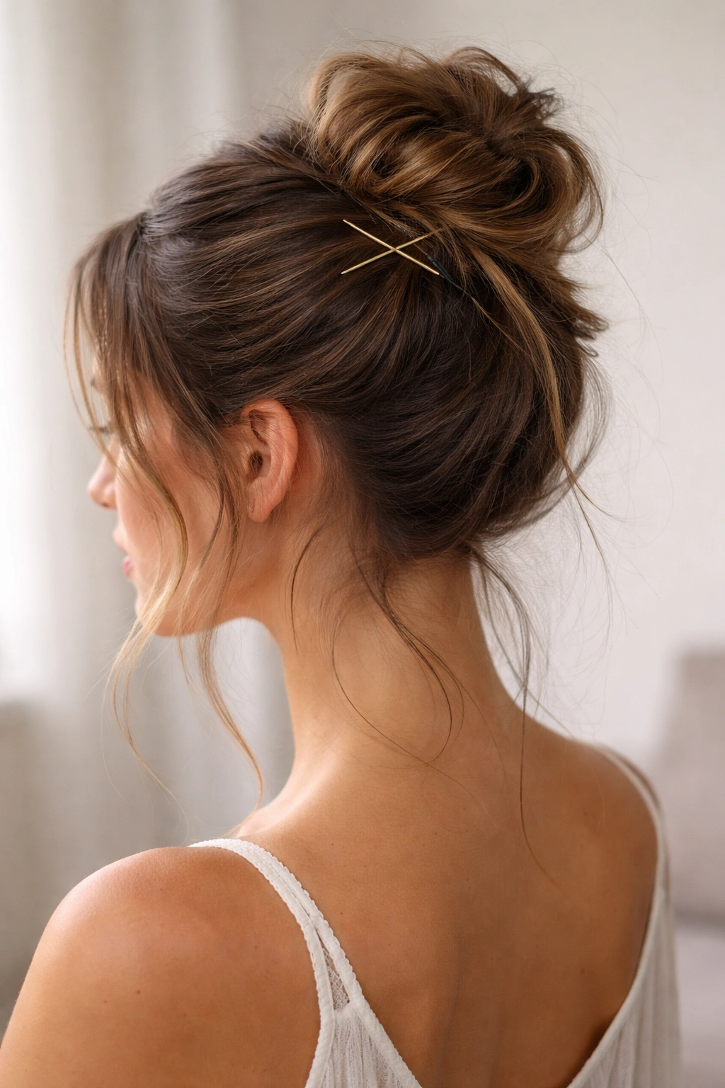 Loose bun at crown with hair pins and face-framing strands
