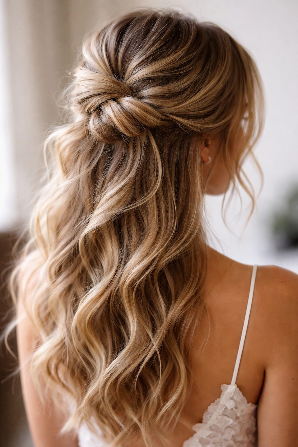 Close-up of a twisted half-up bun with loose strands and flowing lower half.