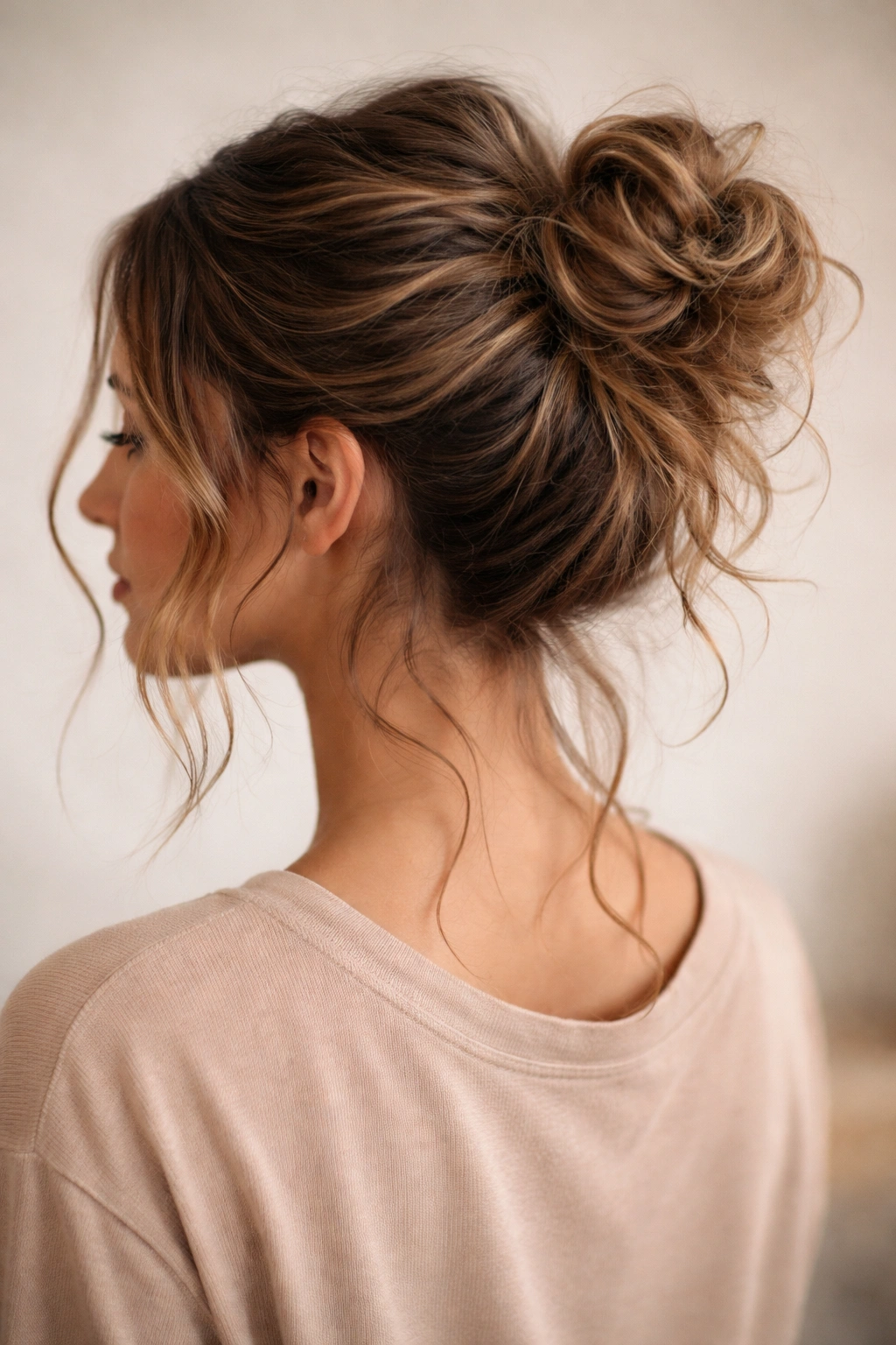 Messy bun with undone texture and loose waves