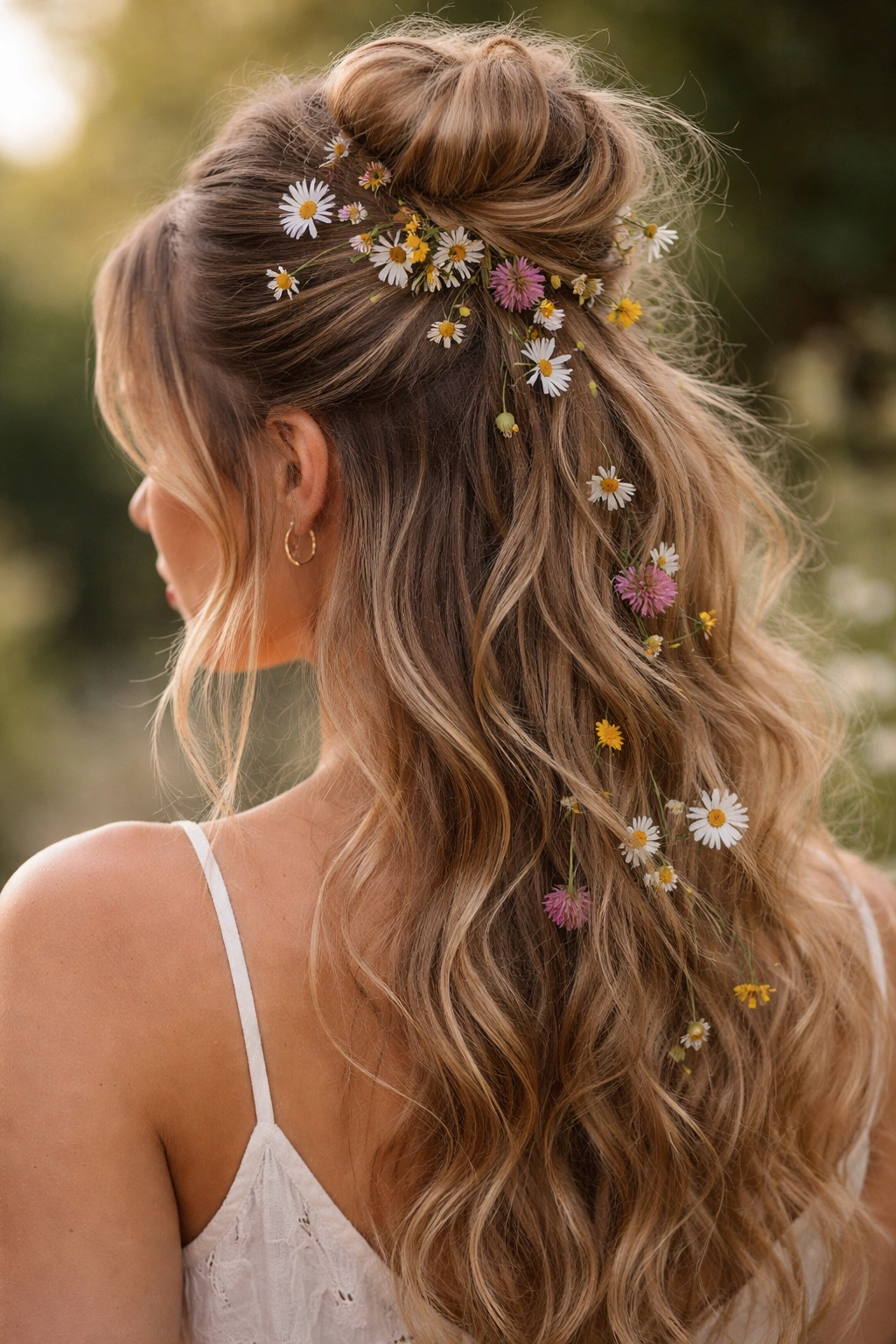 Messy half-up bun with scattered wildflowers
