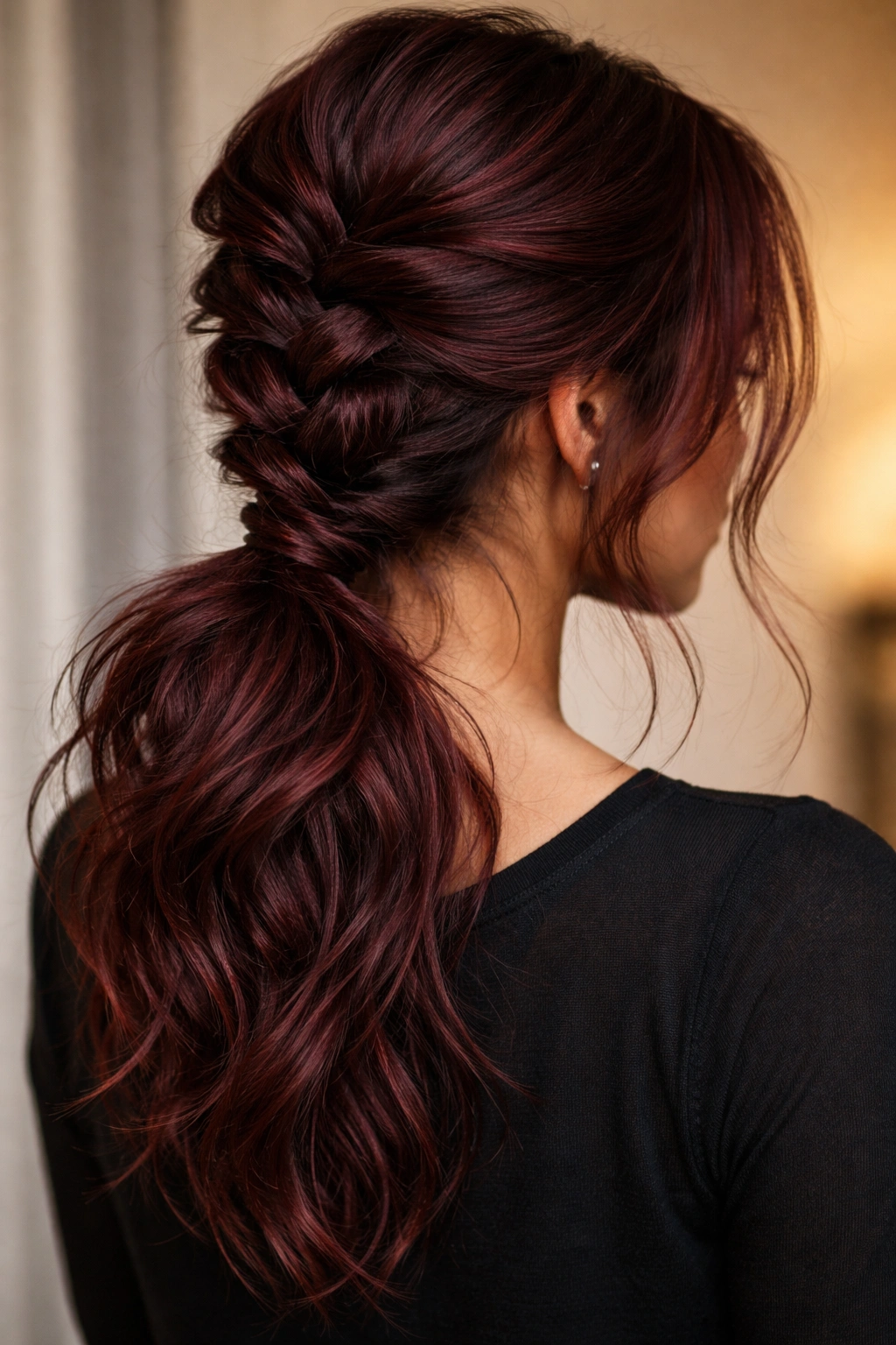 Messy textured burgundy braid into a low ponytail with loose strands