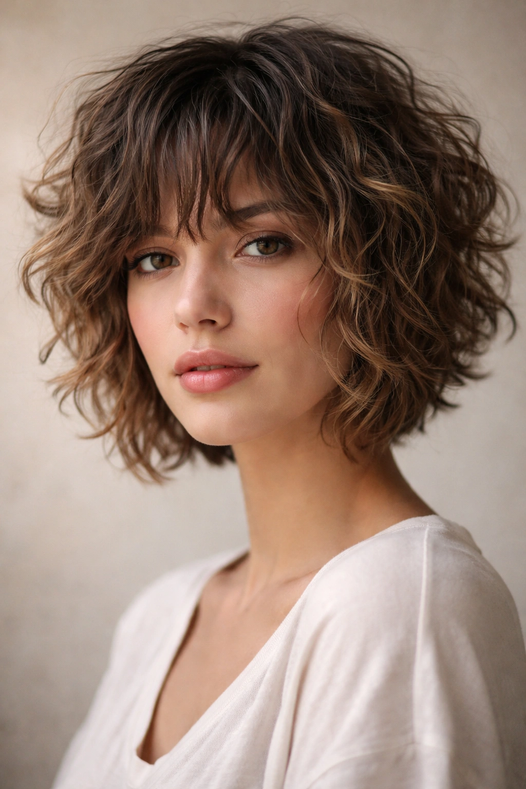 Close-up of short textured crop with tousled bangs on curly hair in studio lighting