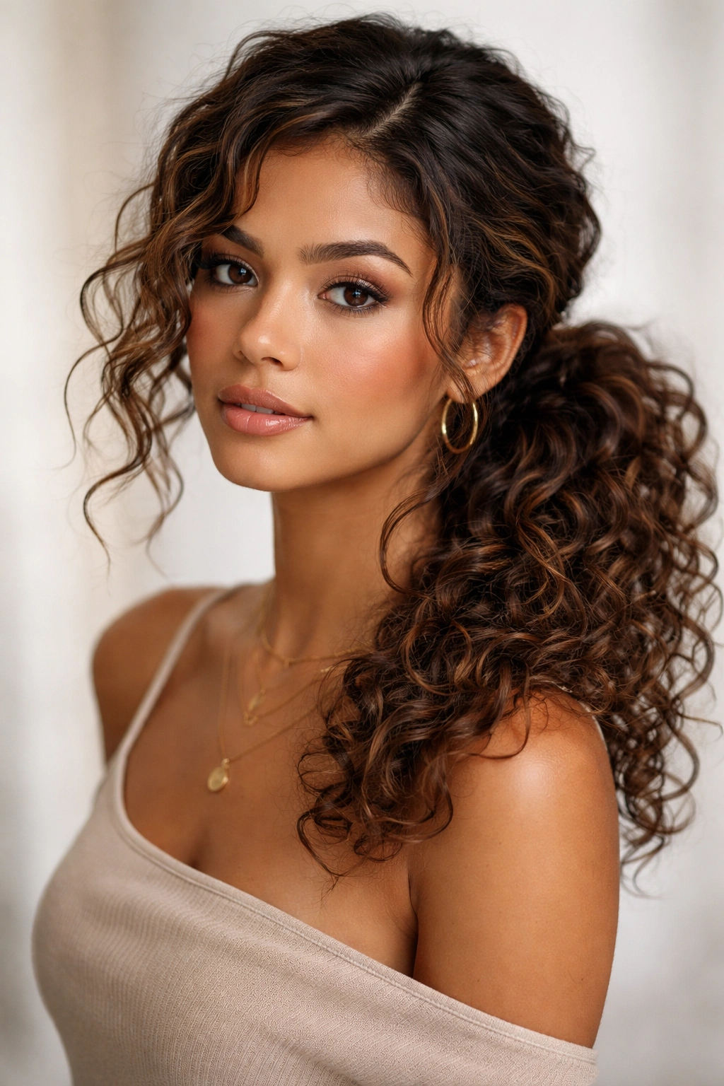 Messy curled side ponytail with loose waves and a side part
