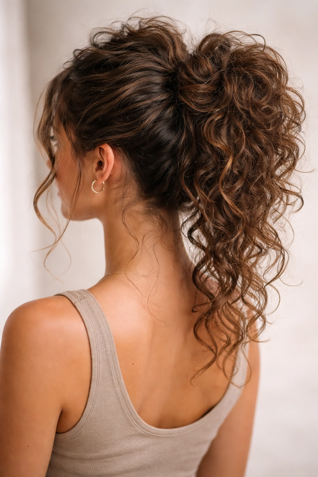High curly ponytail with a loose, textured bun and stray curls