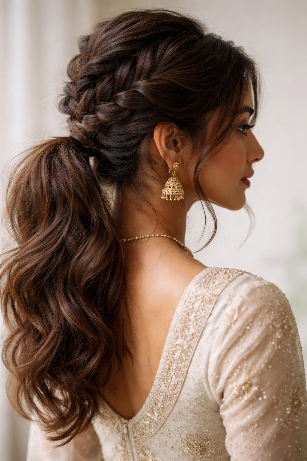 Messy Dutch braid leading into a textured ponytail with undone, romantic look.