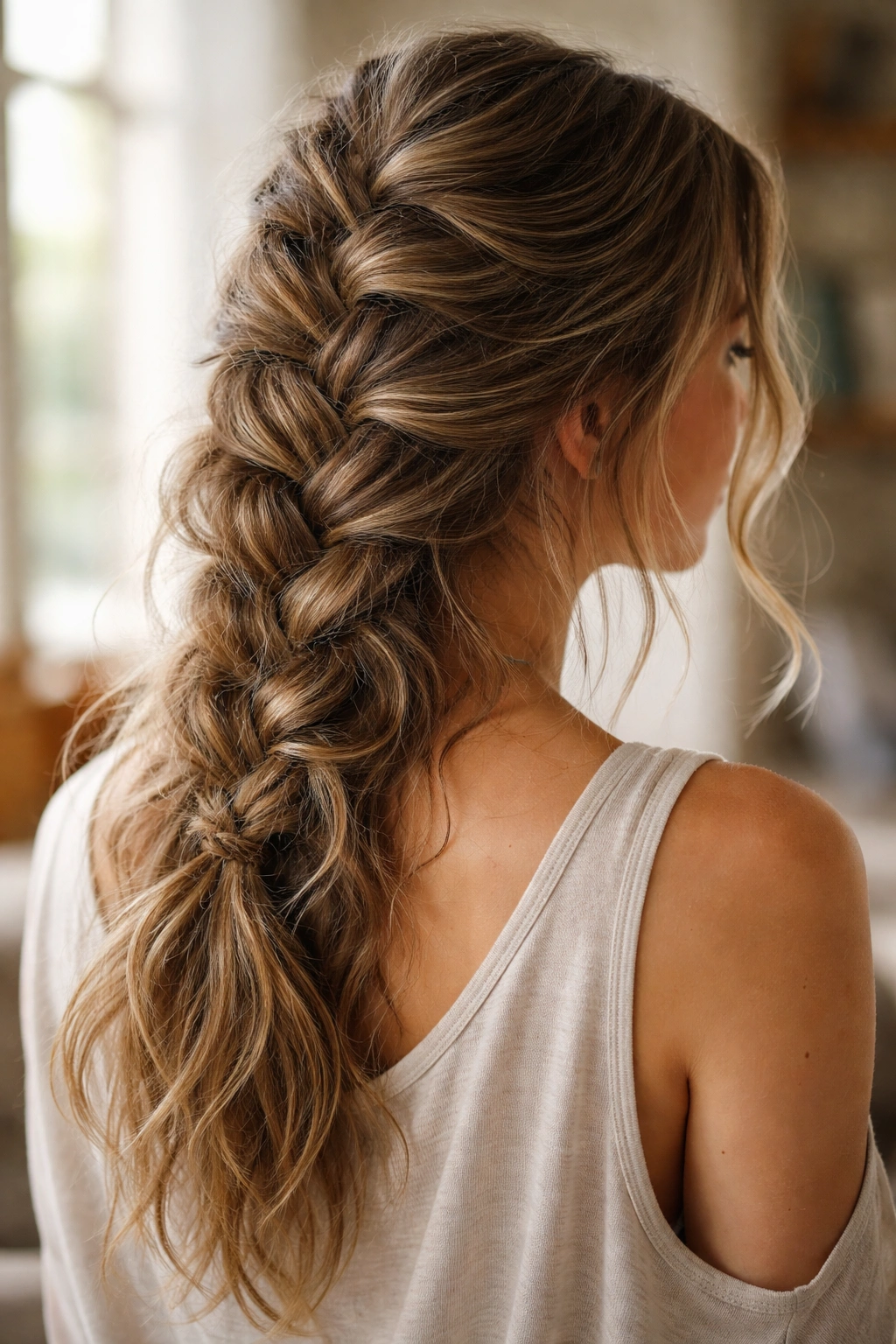 Messy French braid with undone texture and visible waves