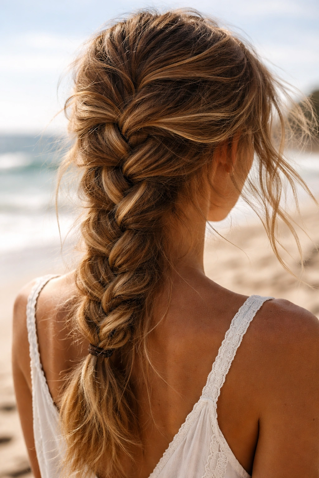 Messy French braid with loose strands and texture