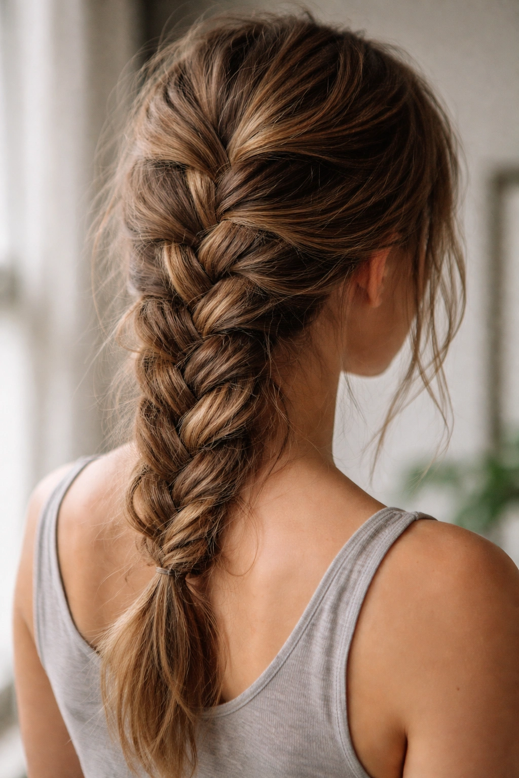 Messy undone French braid with intentional imperfections and loose strands for casual day-two hair