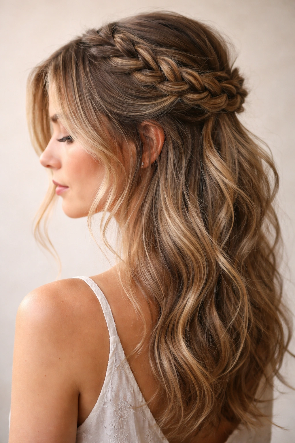 Messy half-up braid with textured, undone styling
