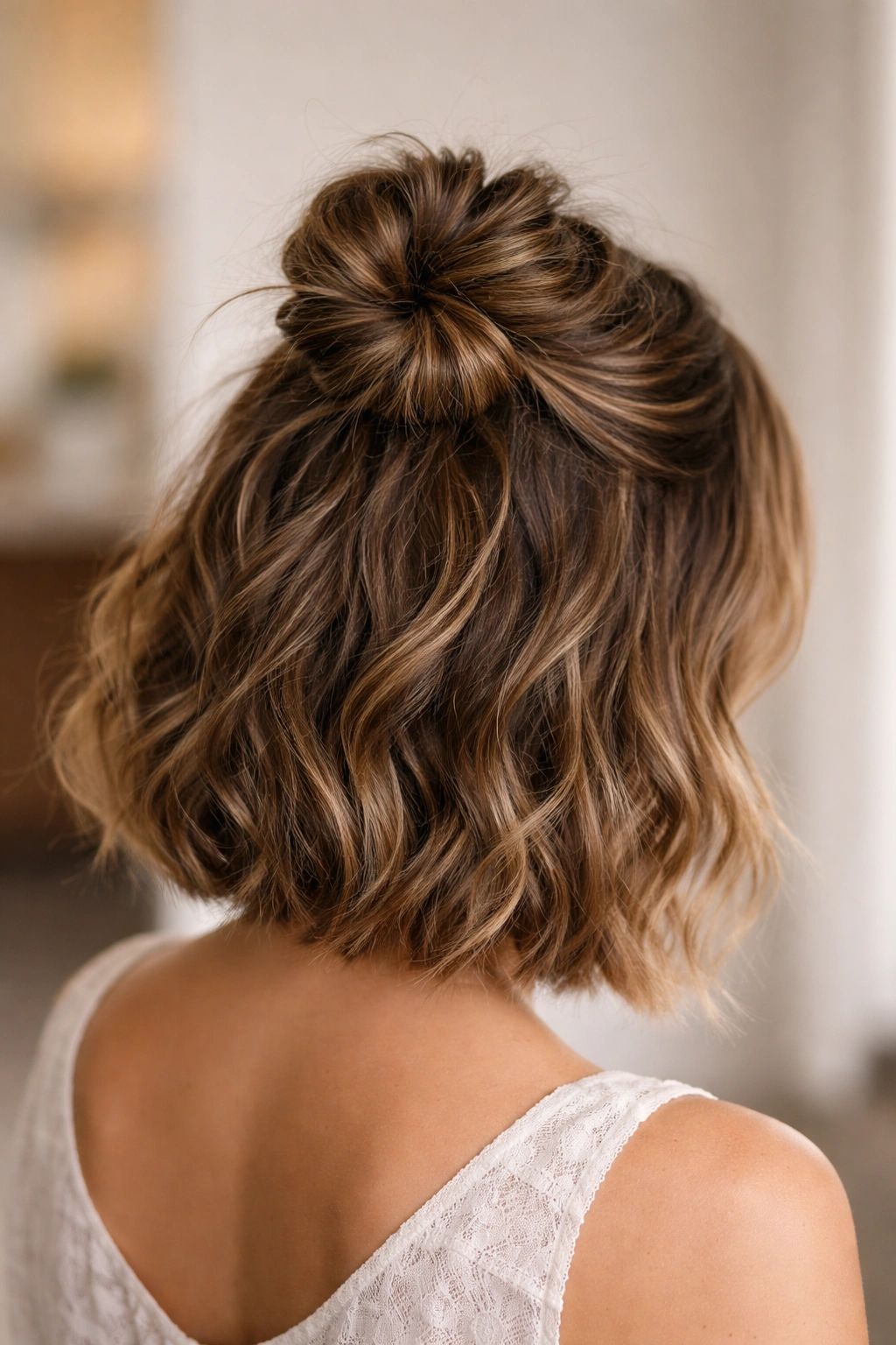 Casual messy half-up bun on a wavy bob