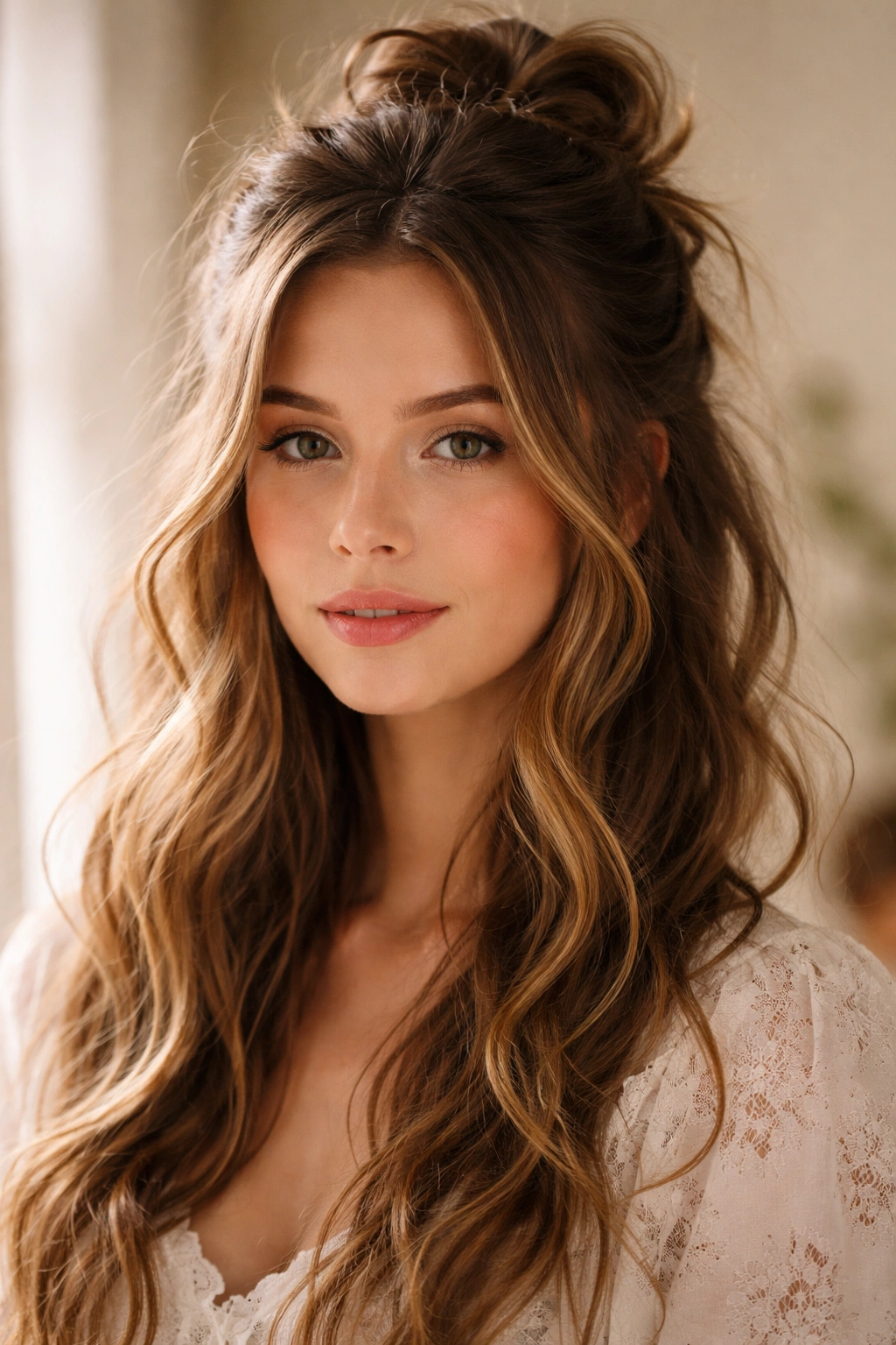 Close-up of a messily pinned half up bun with loose waves