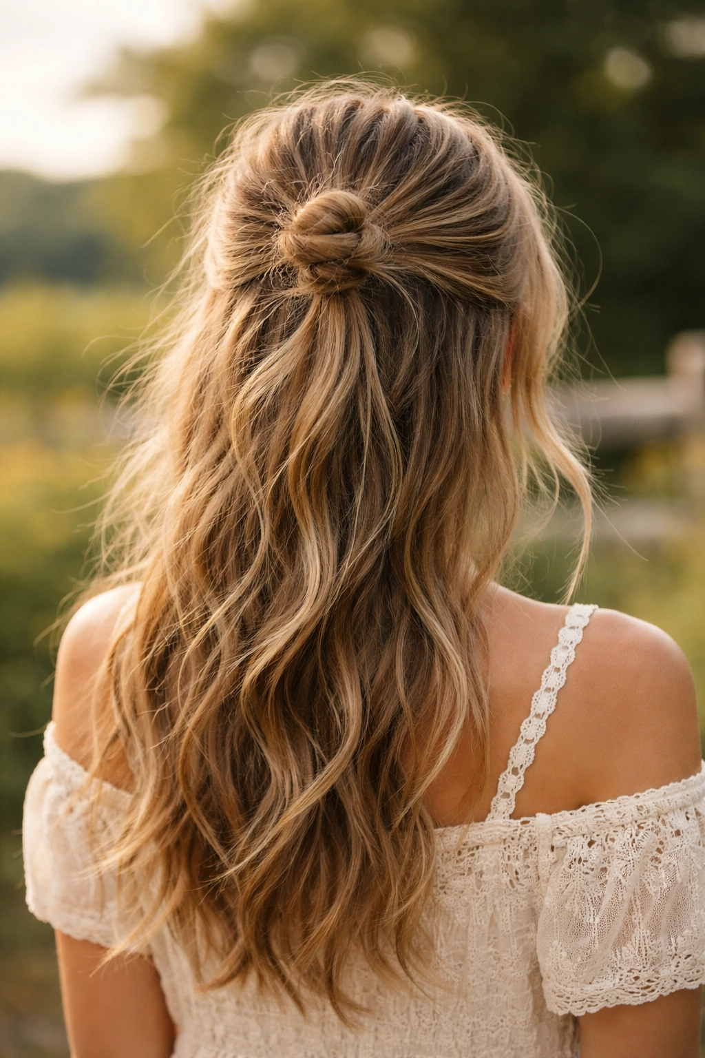 Messy half-up knot hairstyle with loose strands