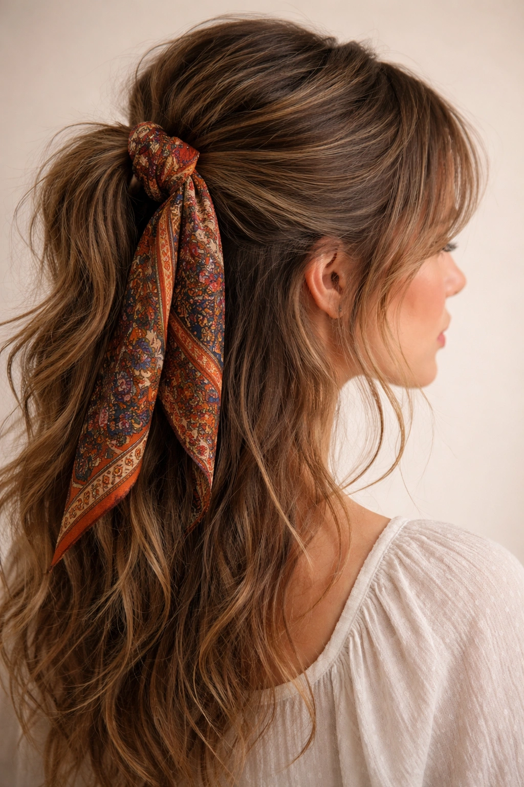 Close-up of a textured half-up hairstyle secured with a vintage patterned scarf