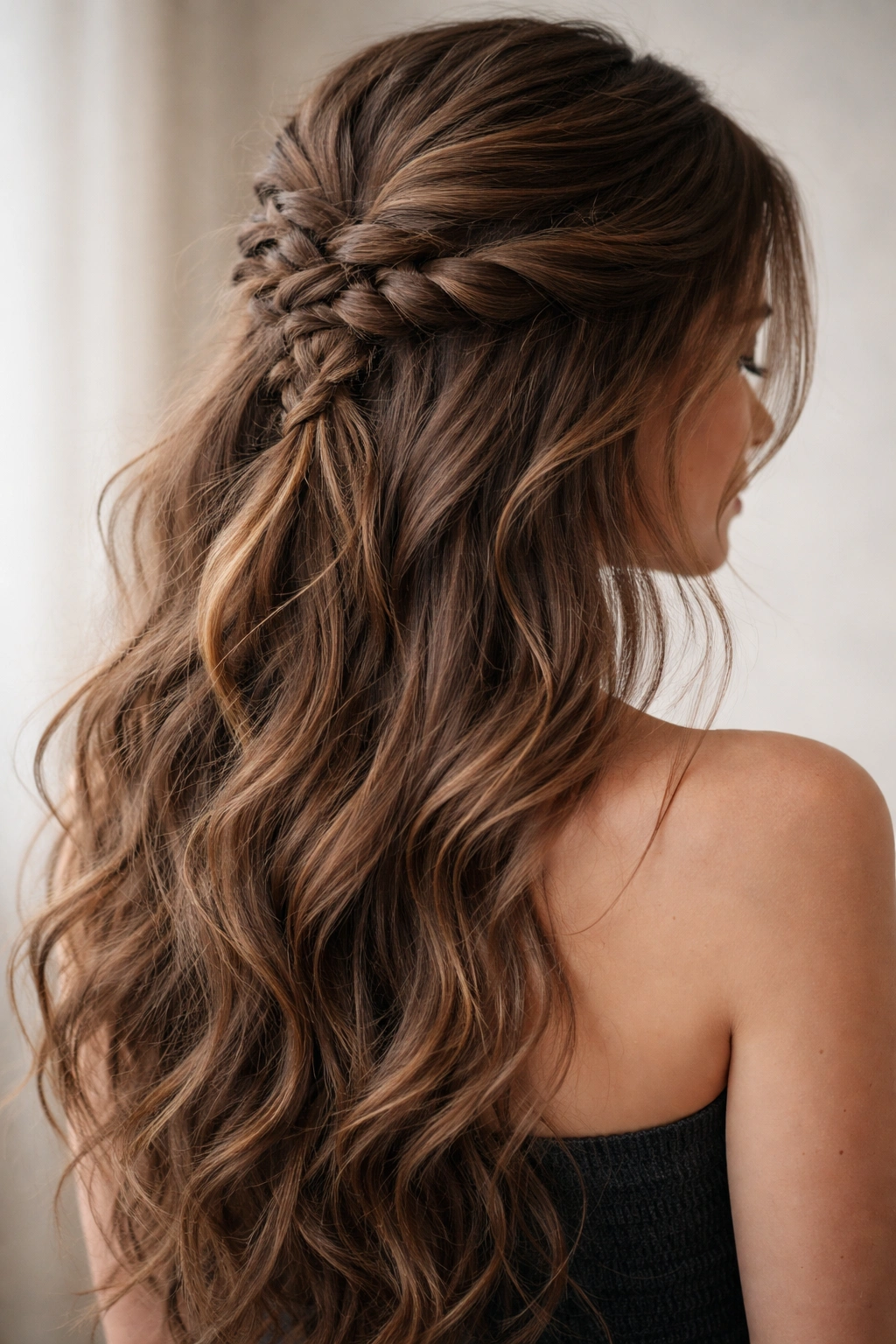 Messy loose braid half up hairstyle on thick hair.