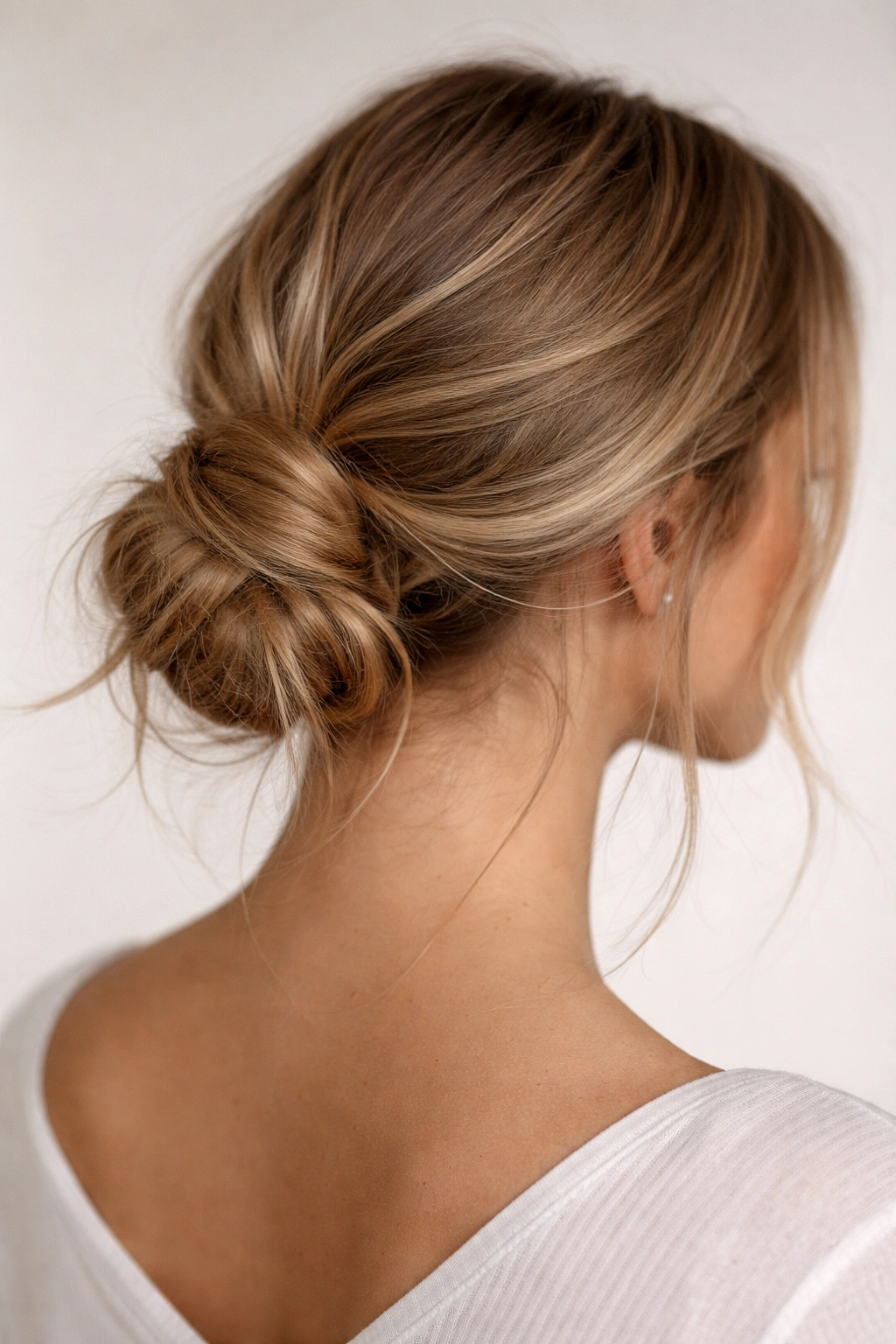 Low messy bun with deliberate undone texture and loose wisps.