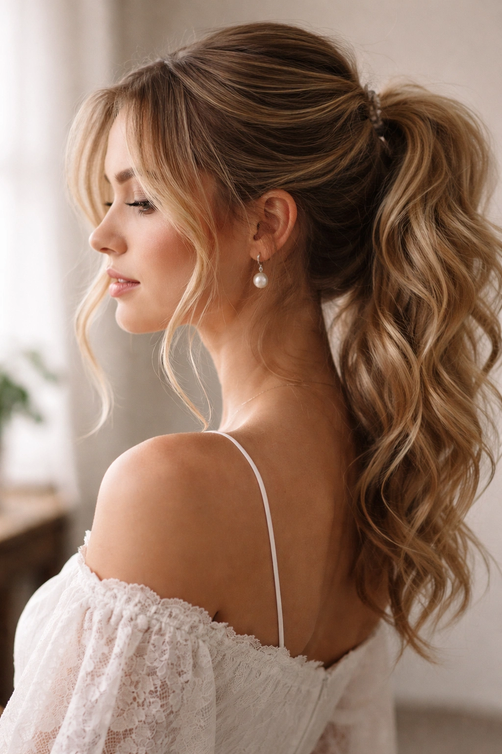 Close-up of a person with a messy romantic ponytail featuring soft waves and loose face-framing strands