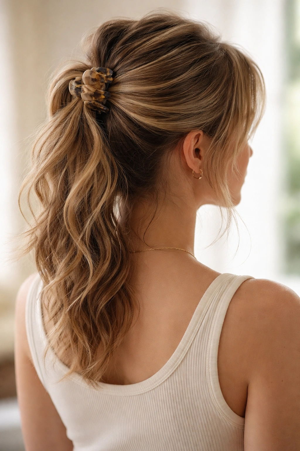 Close-up of Messy Ponytail Half-Up showing clipped crown and loose textured ponytail.