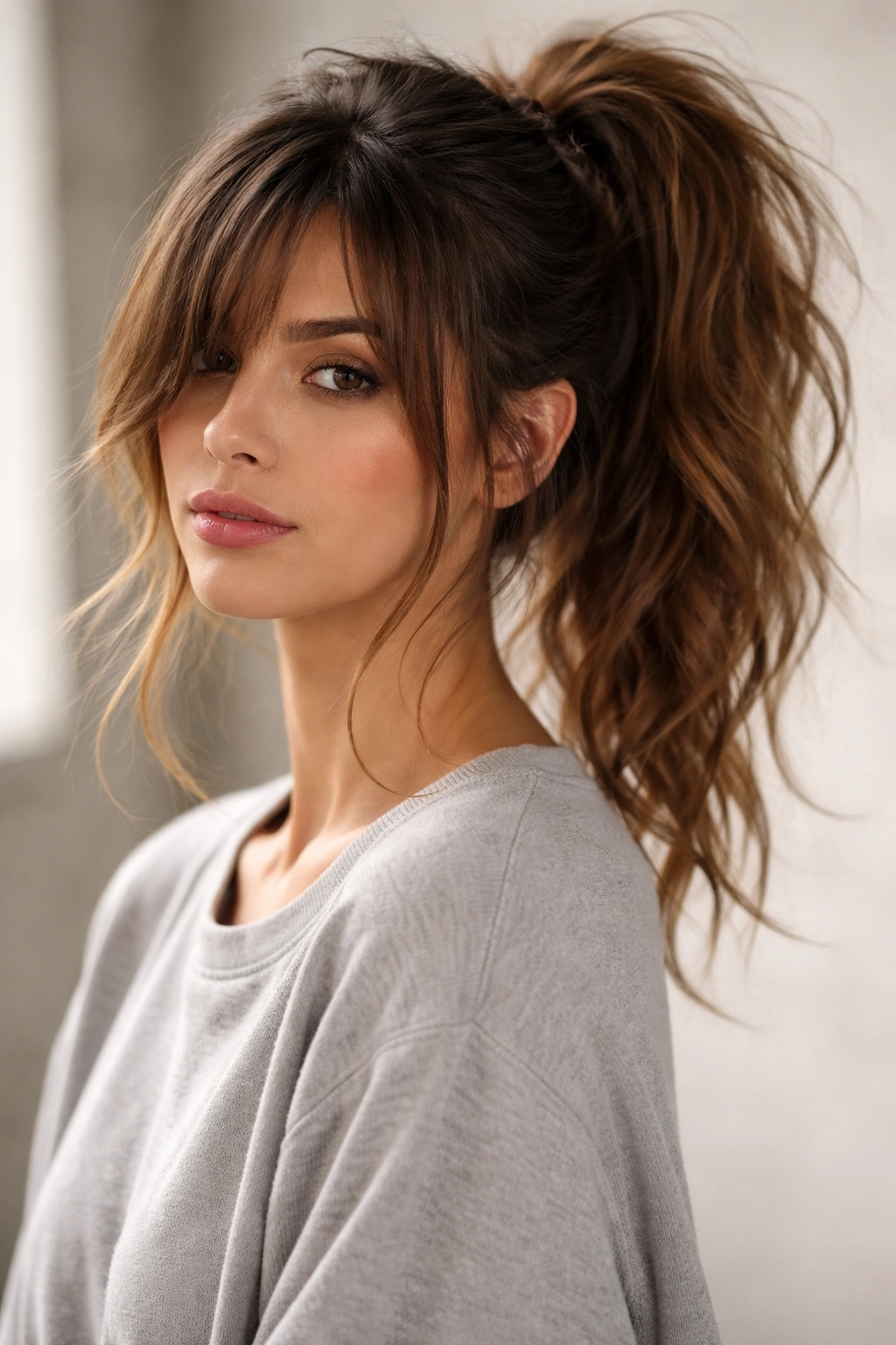 Messy high ponytail with shaggy side bangs and loose face-framing strands