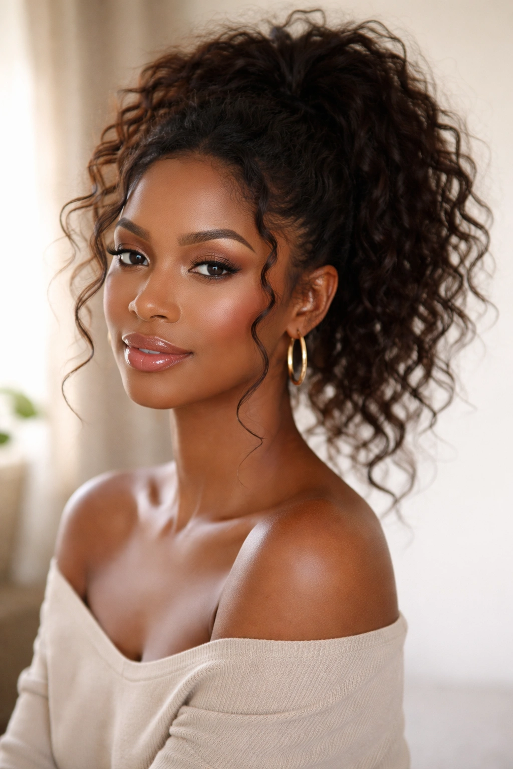 Close-up of a Black woman with a messy high ponytail showcasing textured curls in a neutral studio