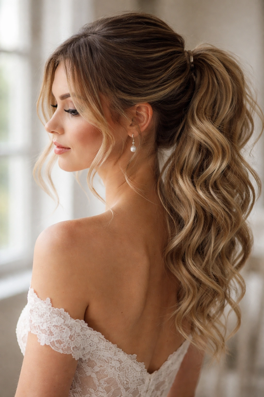 Loose tendrils framing the face with a softly textured ponytail
