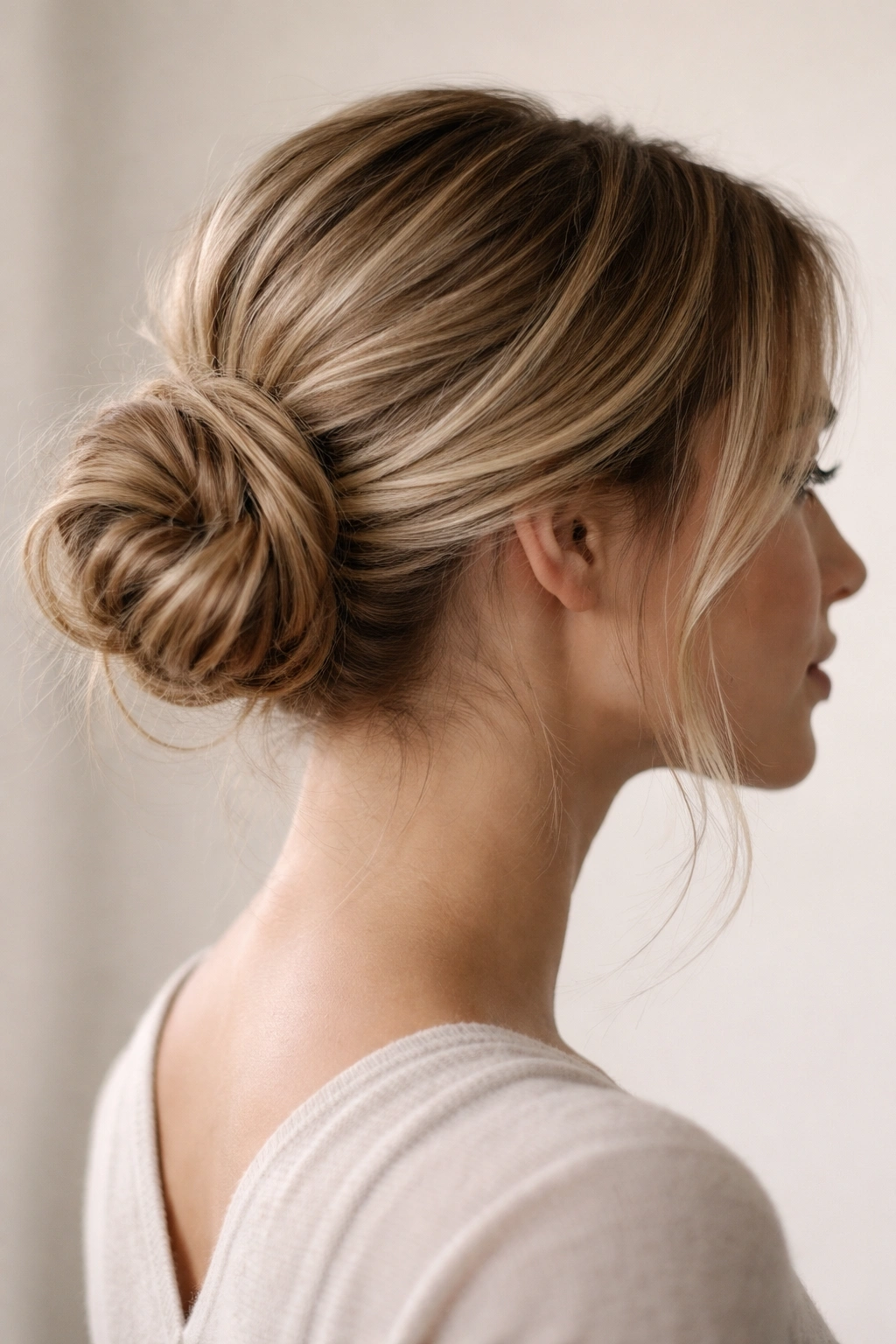 Side view of a messy bun with hidden bobby pins on a neutral background