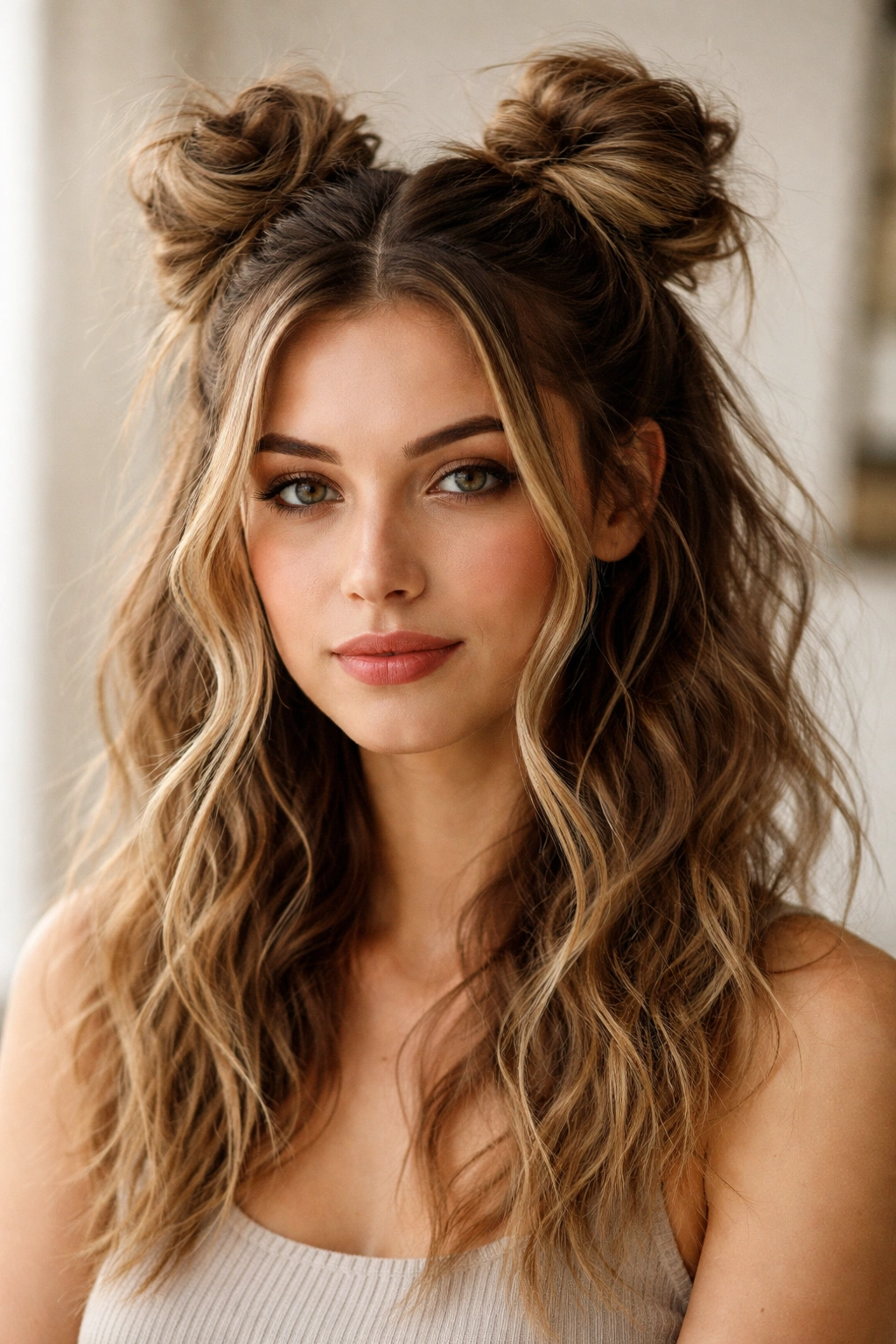 Head-and-shoulders view of messy textured space buns with wispy strands