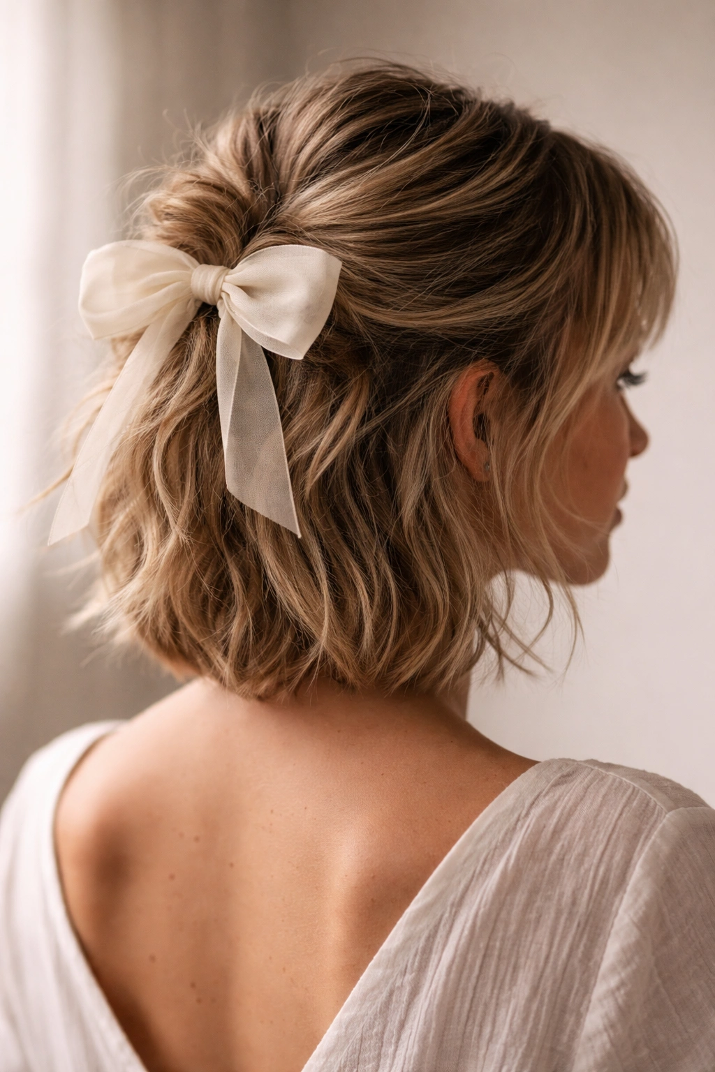 Close-up of textured messy half-up hairstyle with a bow on short hair