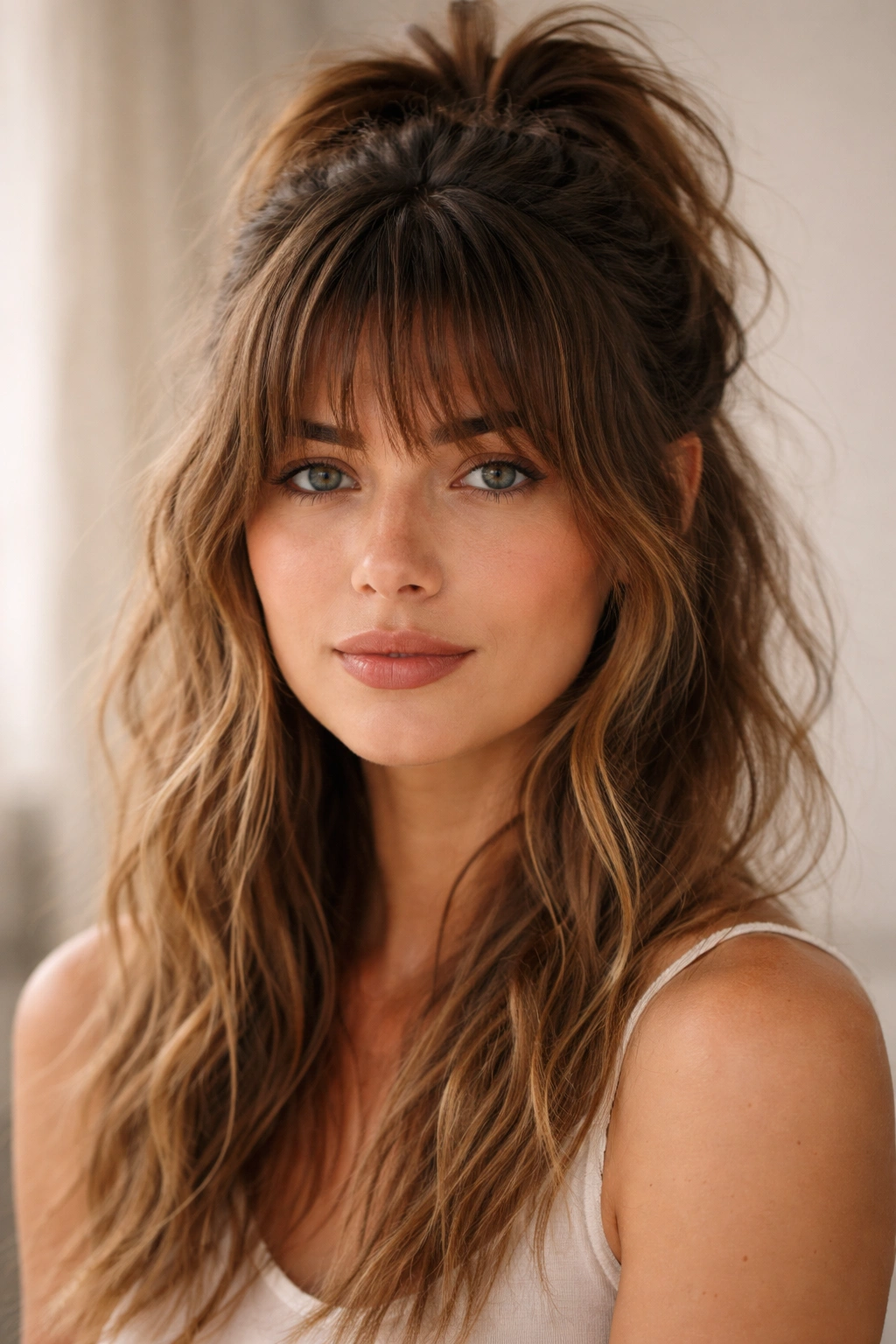 Close-up of a messy textured half-up hairstyle with shaggy bangs