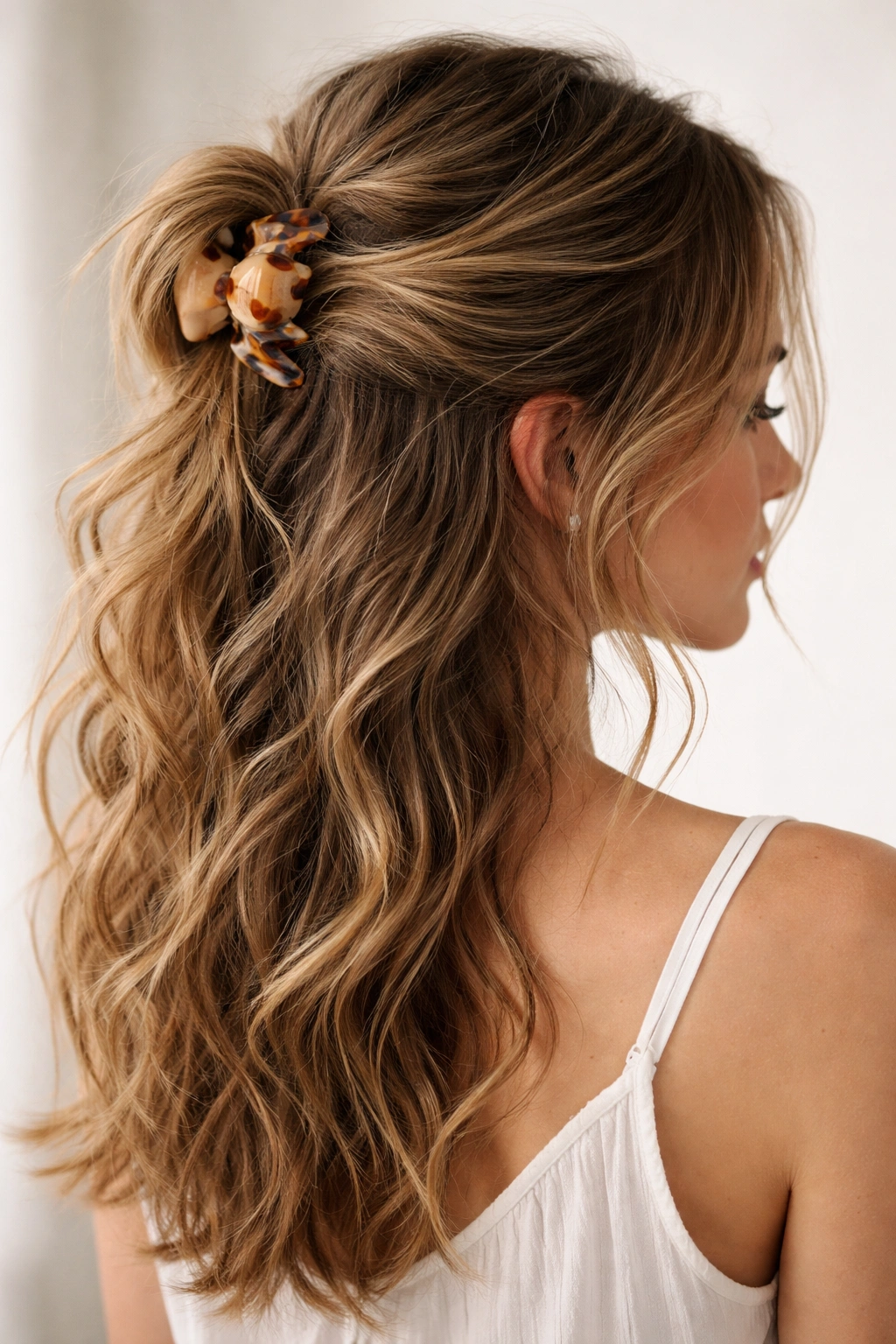 Close-up of The Messy Textured Claw half-up hairstyle with loose texture on waves