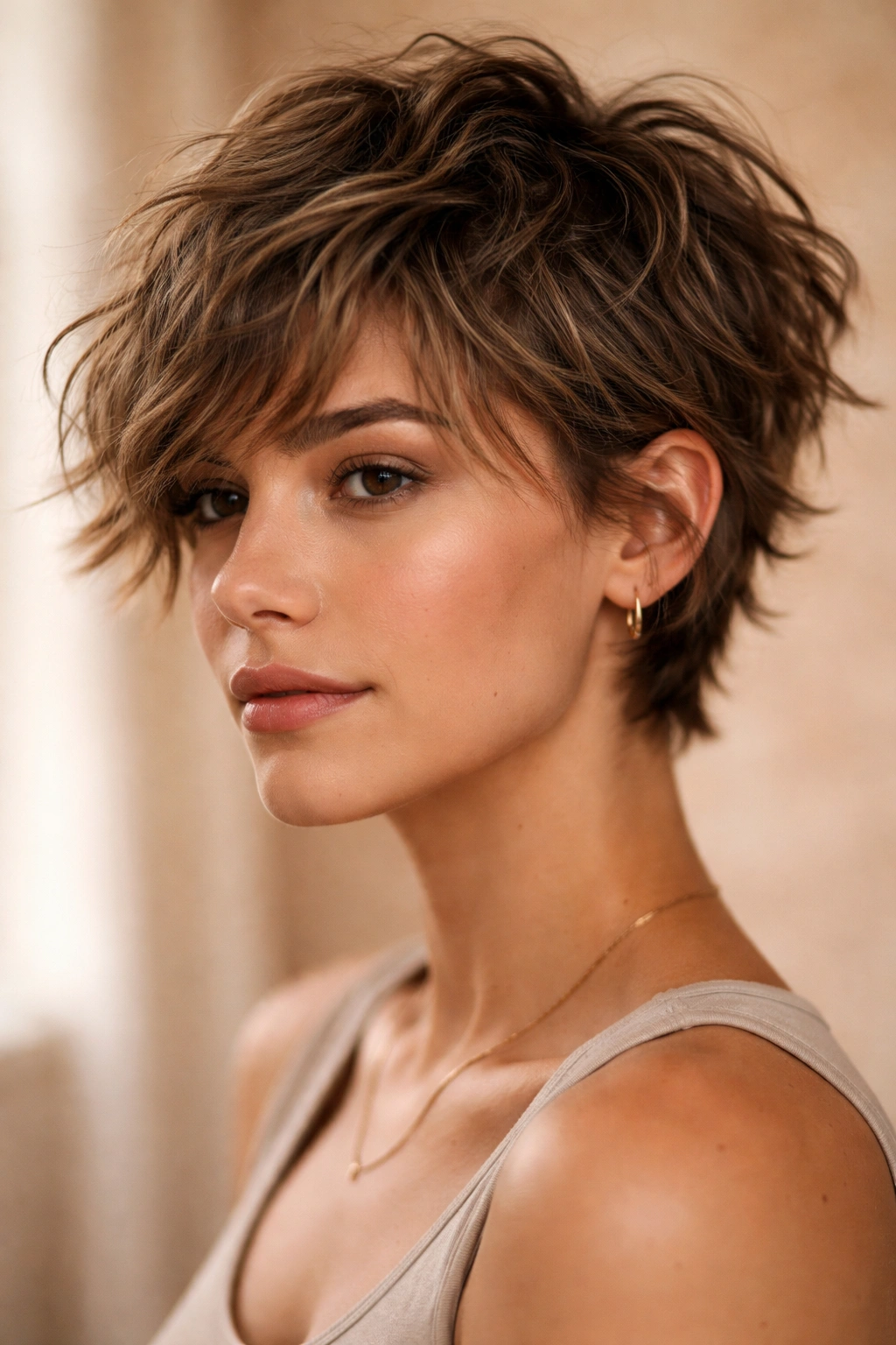 Close-up of a short messy textured crop with pronounced texture and undone waves