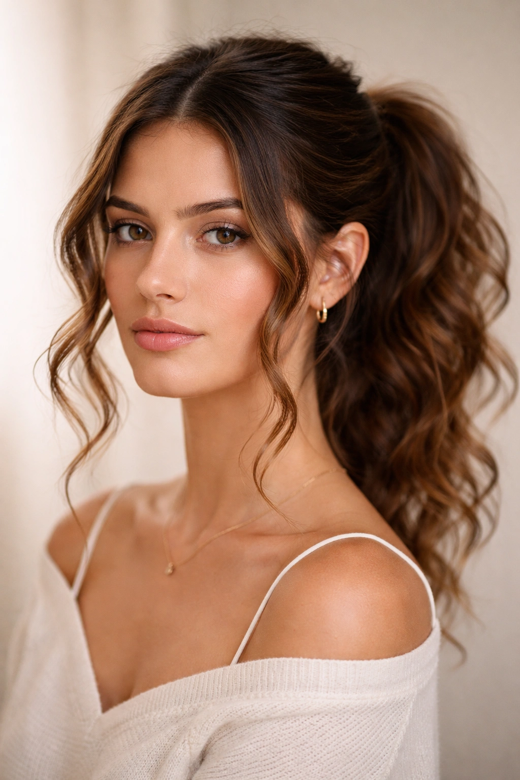 Messy textured middle-part ponytail with piece-y curls.