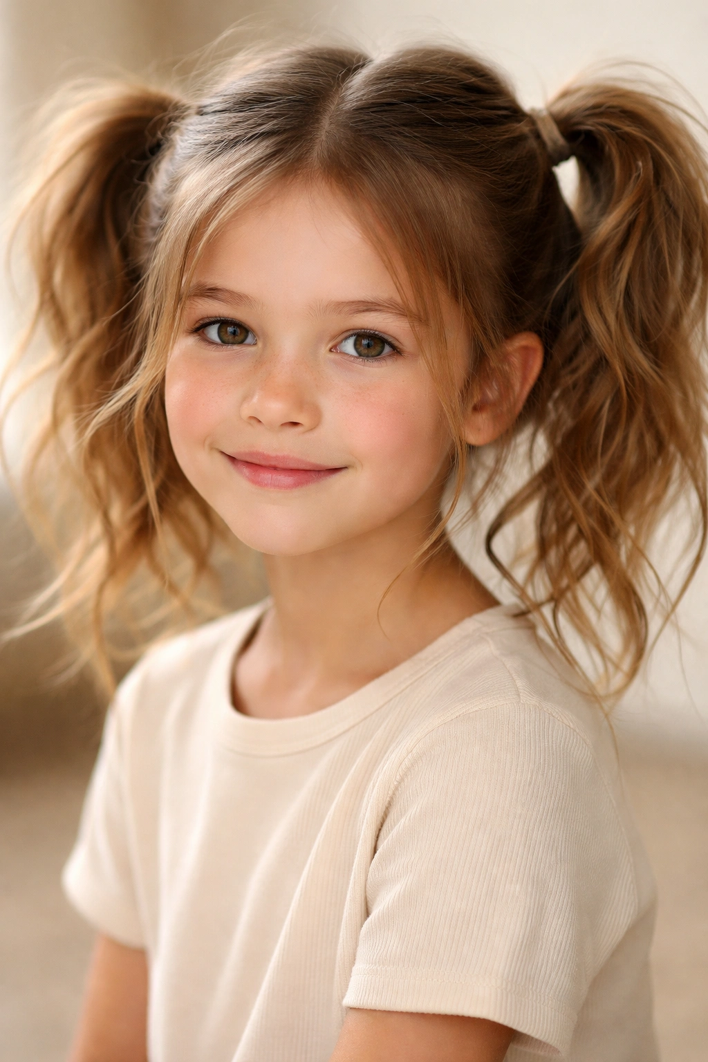 Three-quarter view of messy textured double ponytails with loose strands