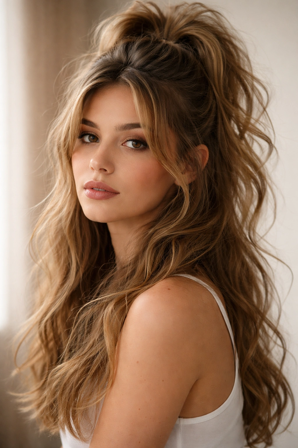 Close-up of a messy textured half-up ponytail with teased crown and loose strands