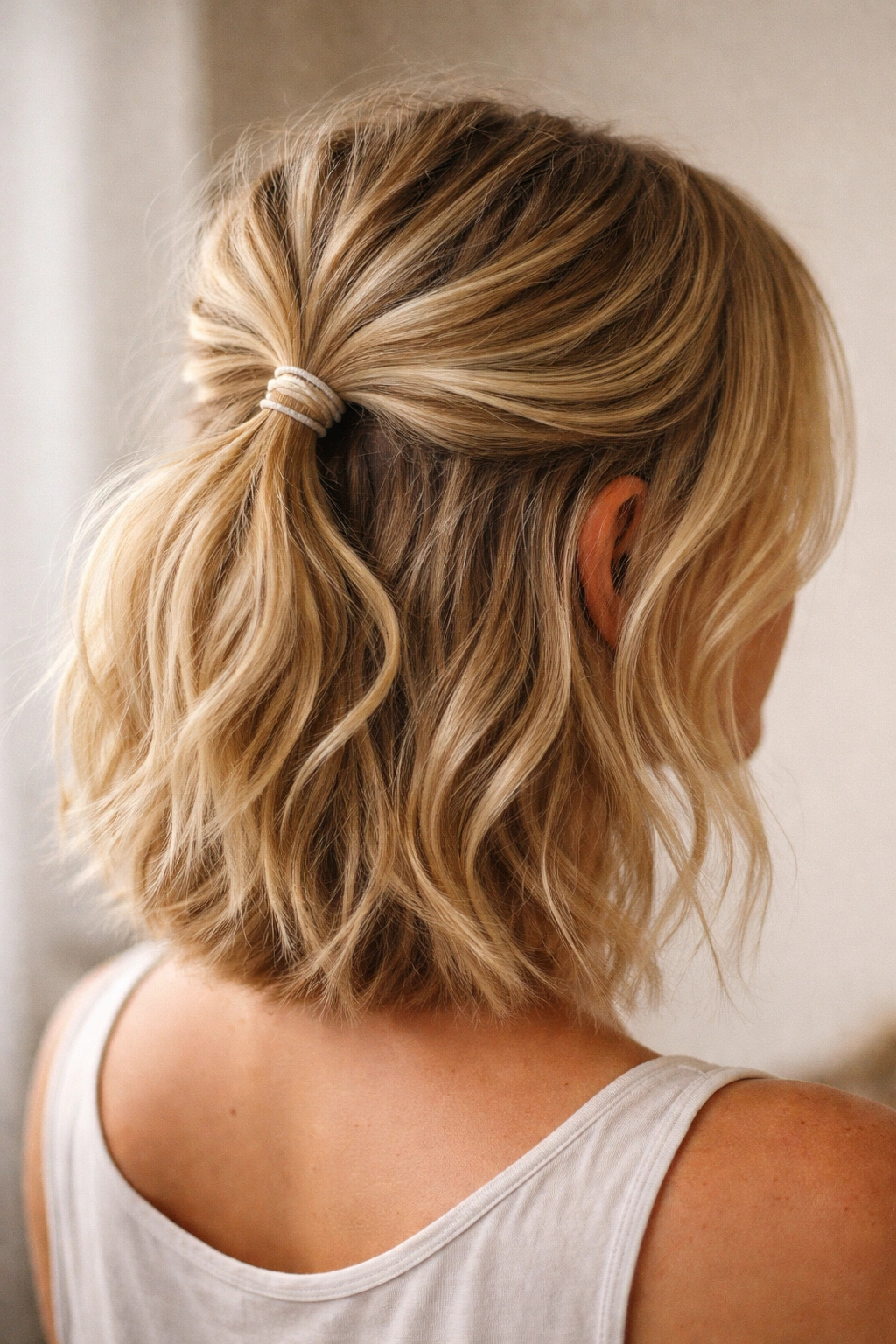 Messy textured half-up with ponytail band on short blonde hair