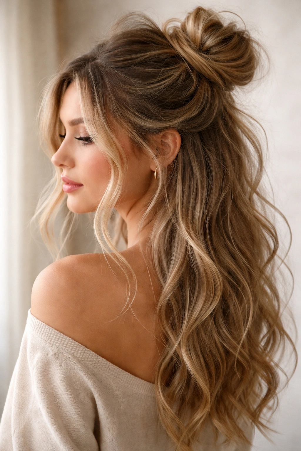 Messy textured half-up bun with loose strands framing the face