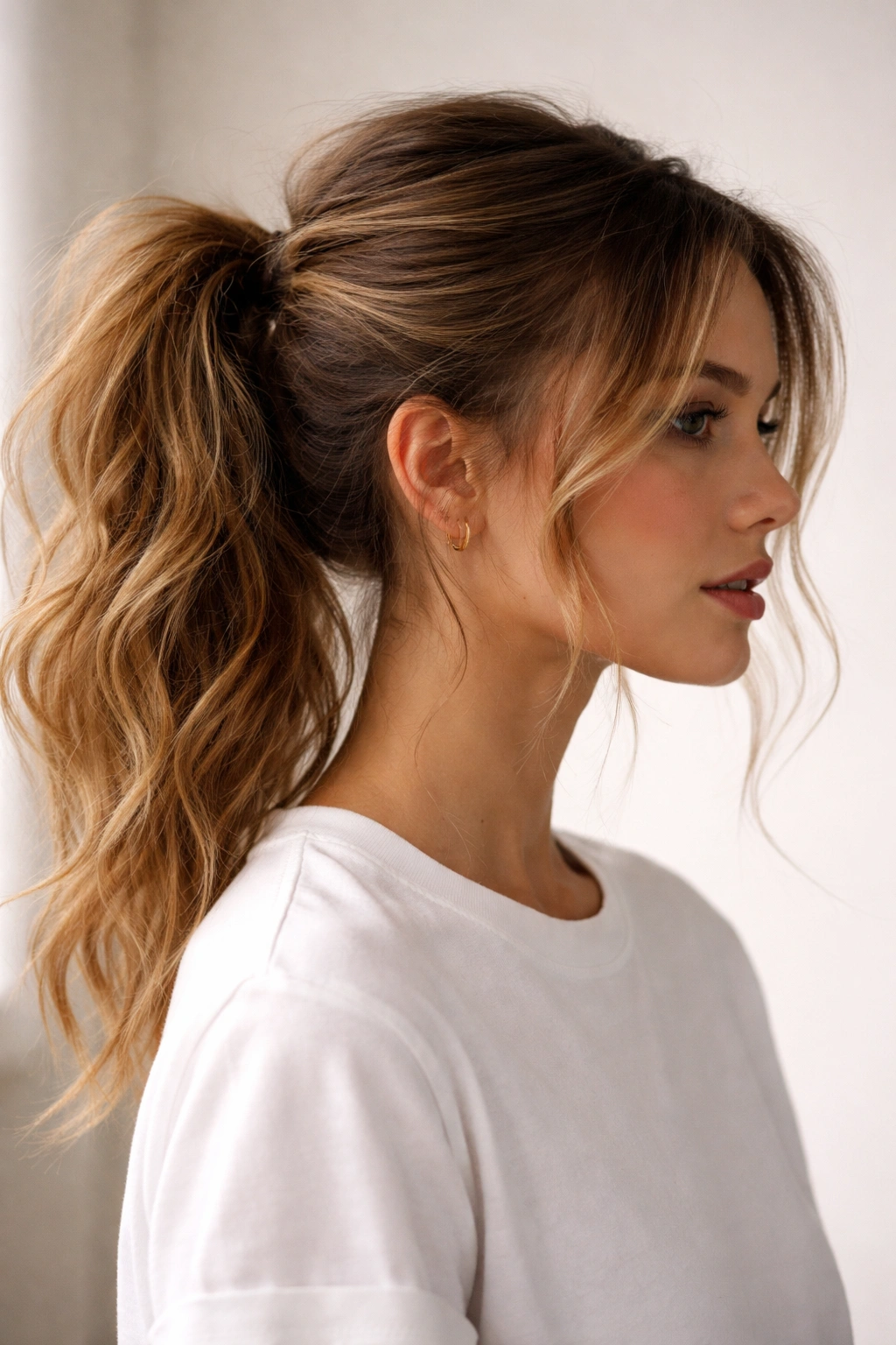 Messy textured ponytail with loose strands and defined texture