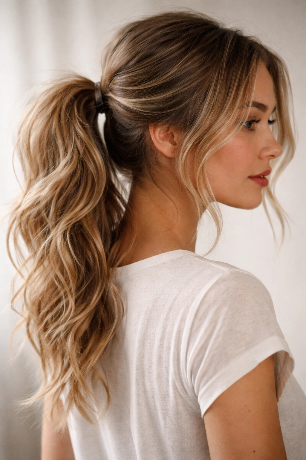 Messy textured ponytail with waves and loose strands
