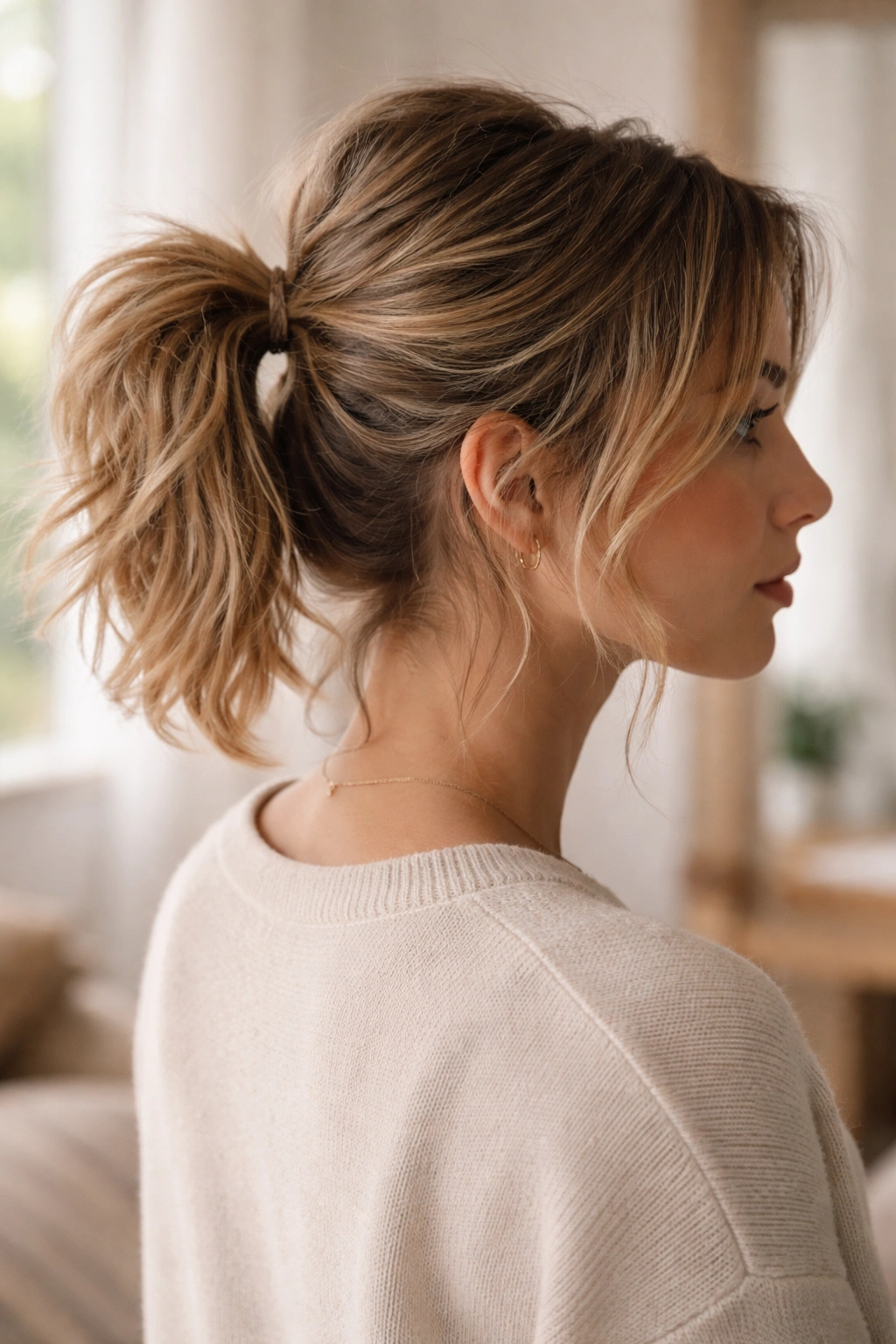 Three-quarter view of a short-haired person with a messy textured ponytail