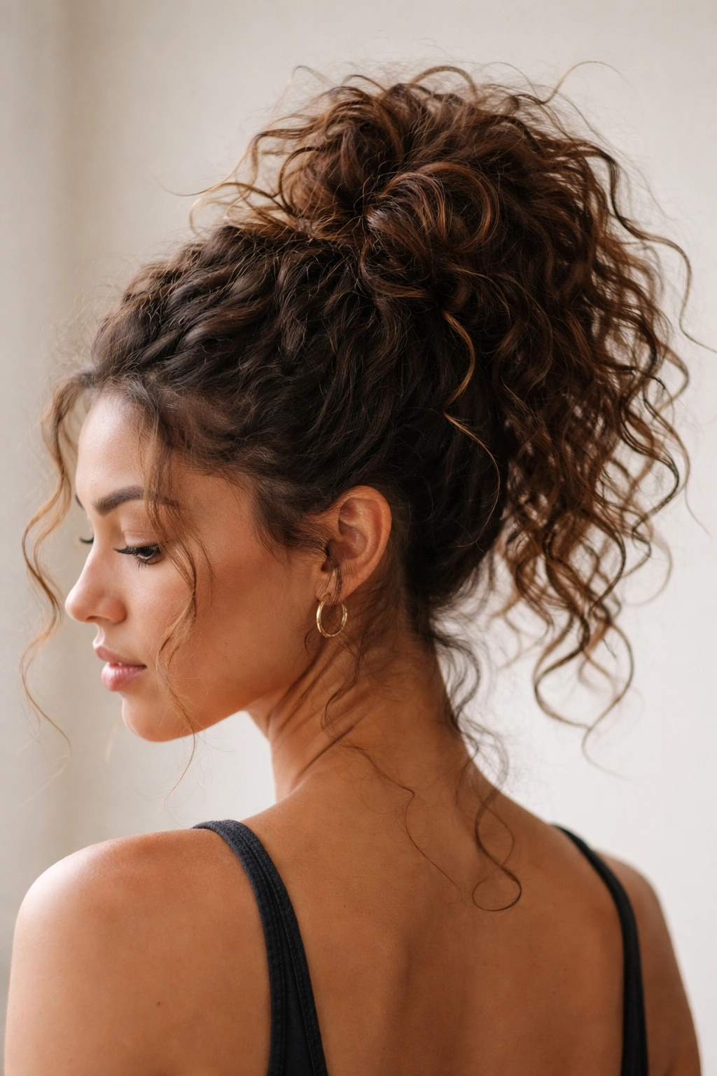 Side profile of a high messy top knot on curly hair