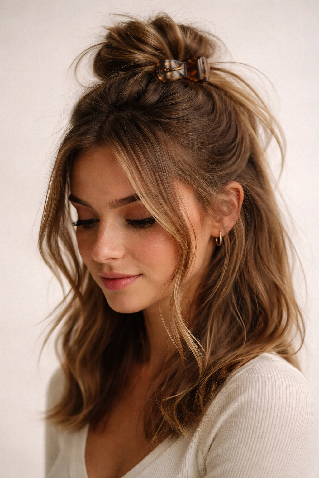 Loose topknot with escaping strands secured by a medium clip