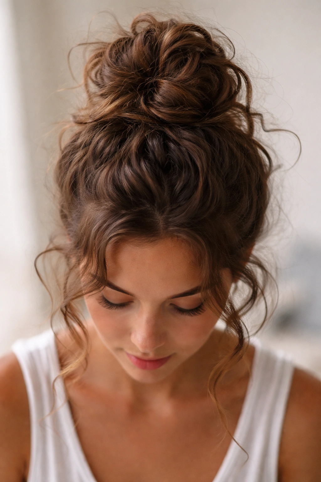 Top-down view of a messy, textured topknot