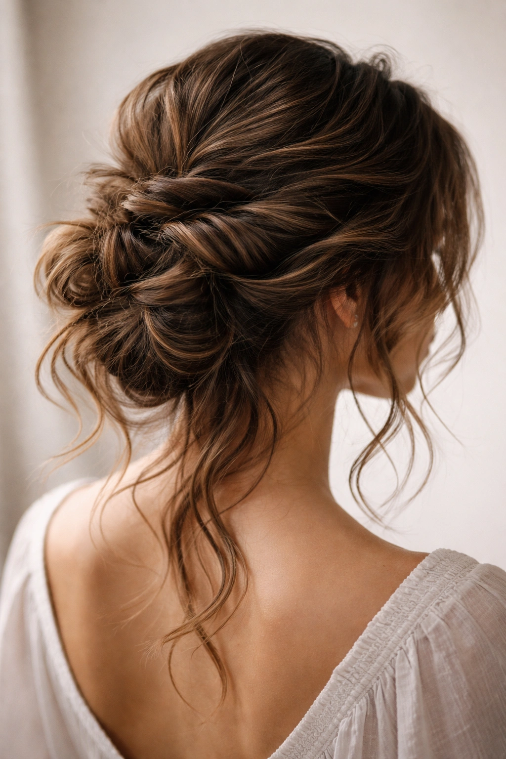 Messy twisted updo on thick wavy hair with visible texture