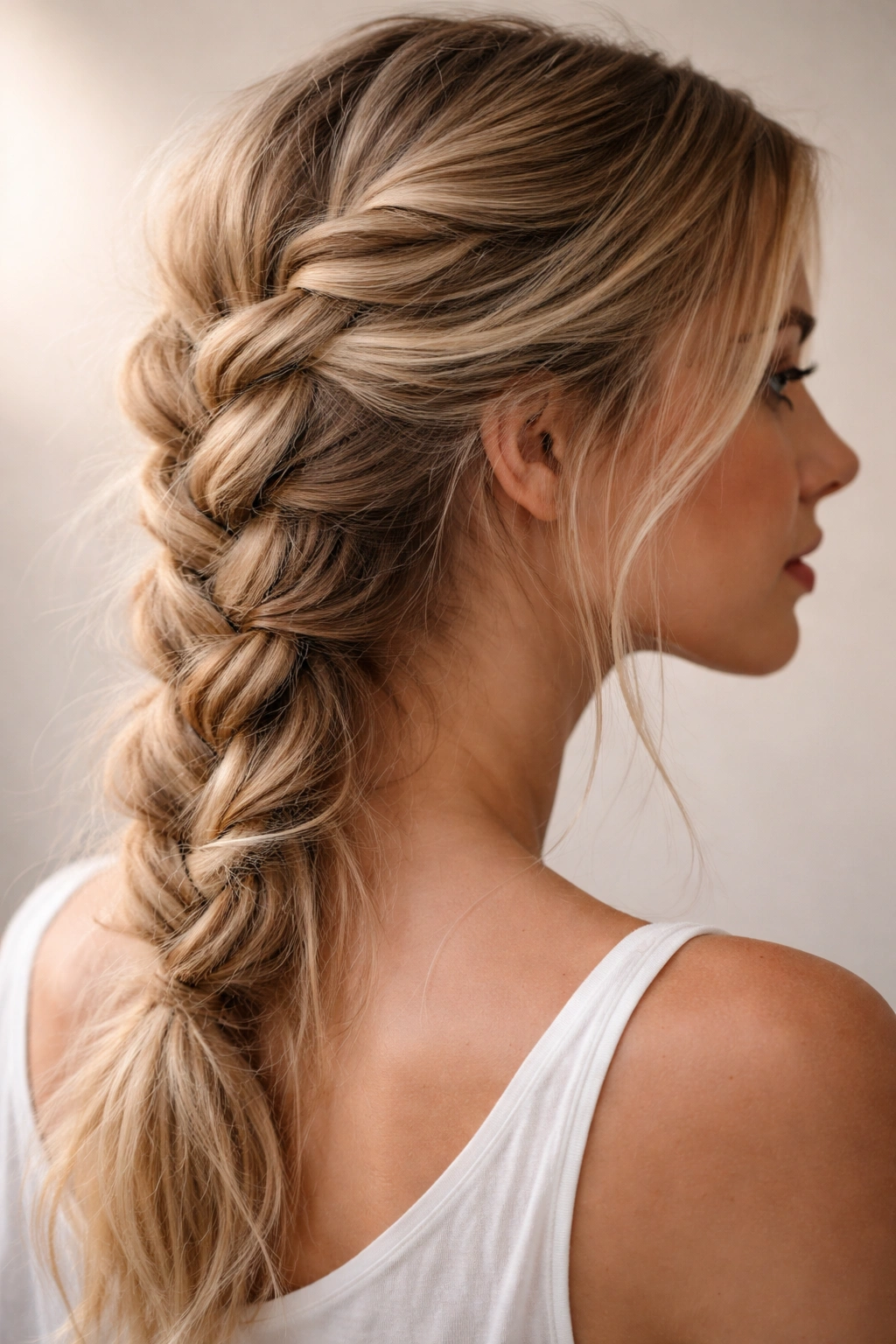 Close-up of a messy undone French braid with irregular sections on fine hair