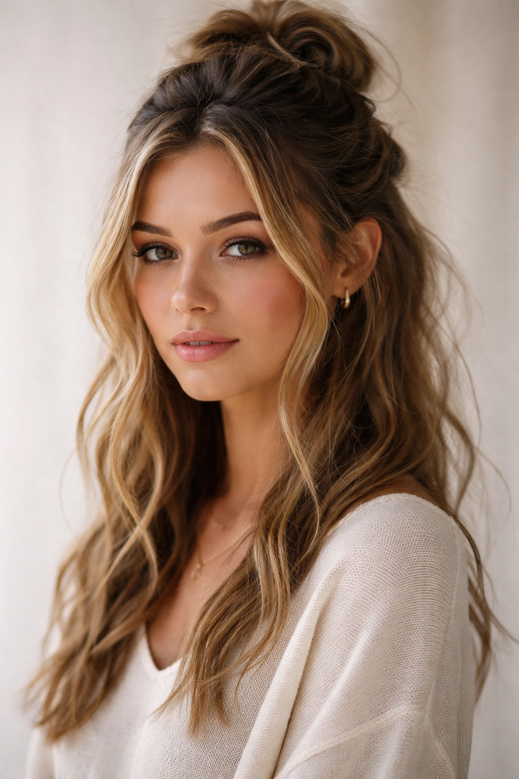 Messy undone half-up hairstyle with textured loose pieces
