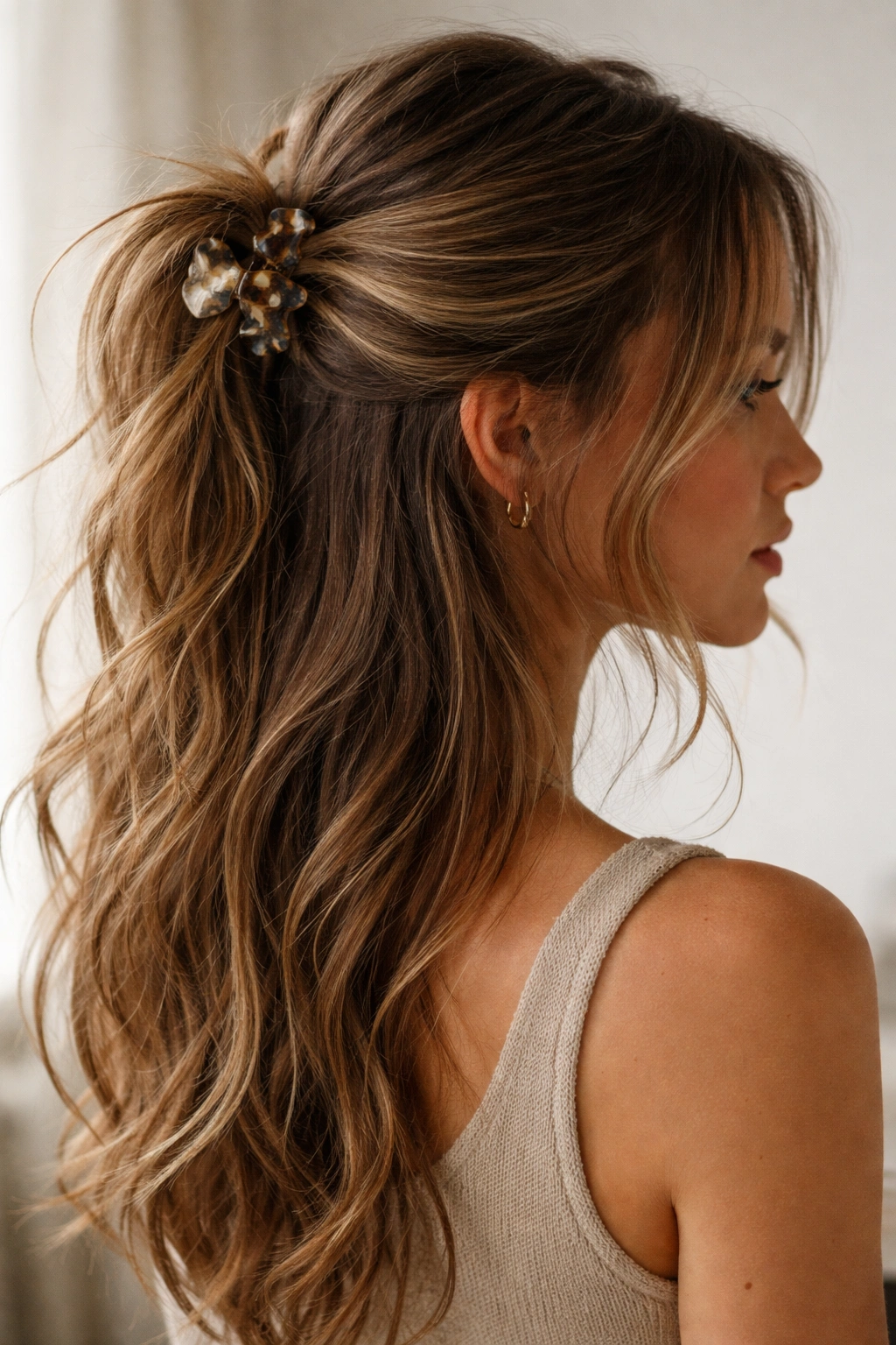 Close-up of The Messy Undone Half Up with loose flyaways and worn-in clip