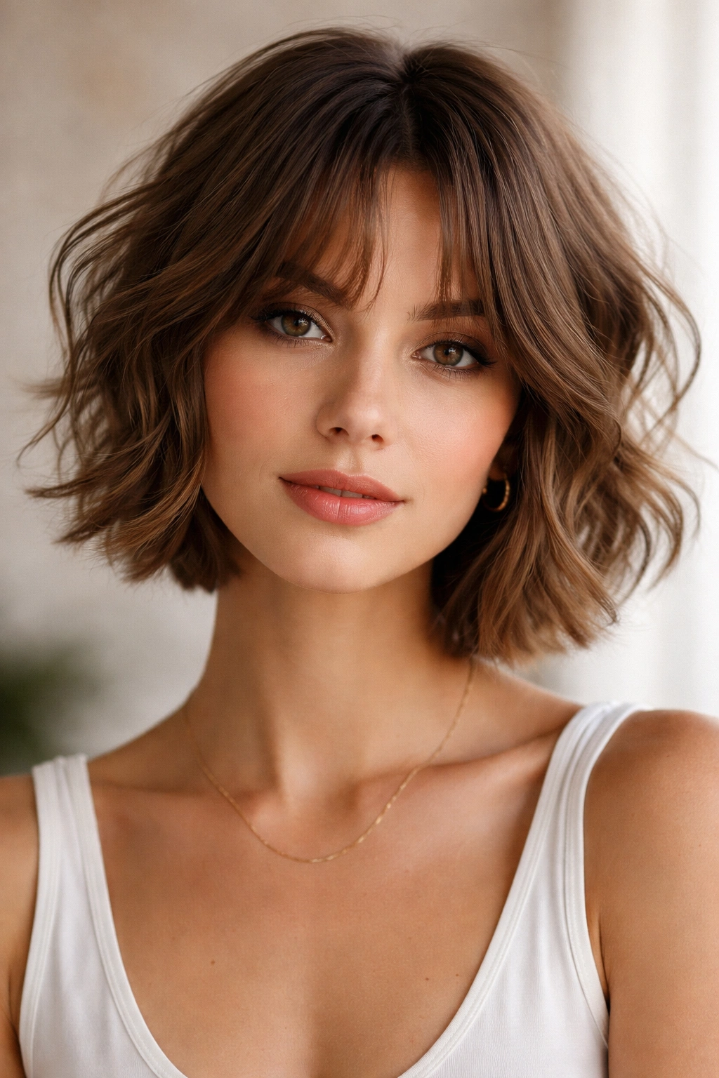 Close-up of messy wavy hair with curtain bangs in a soft studio setting