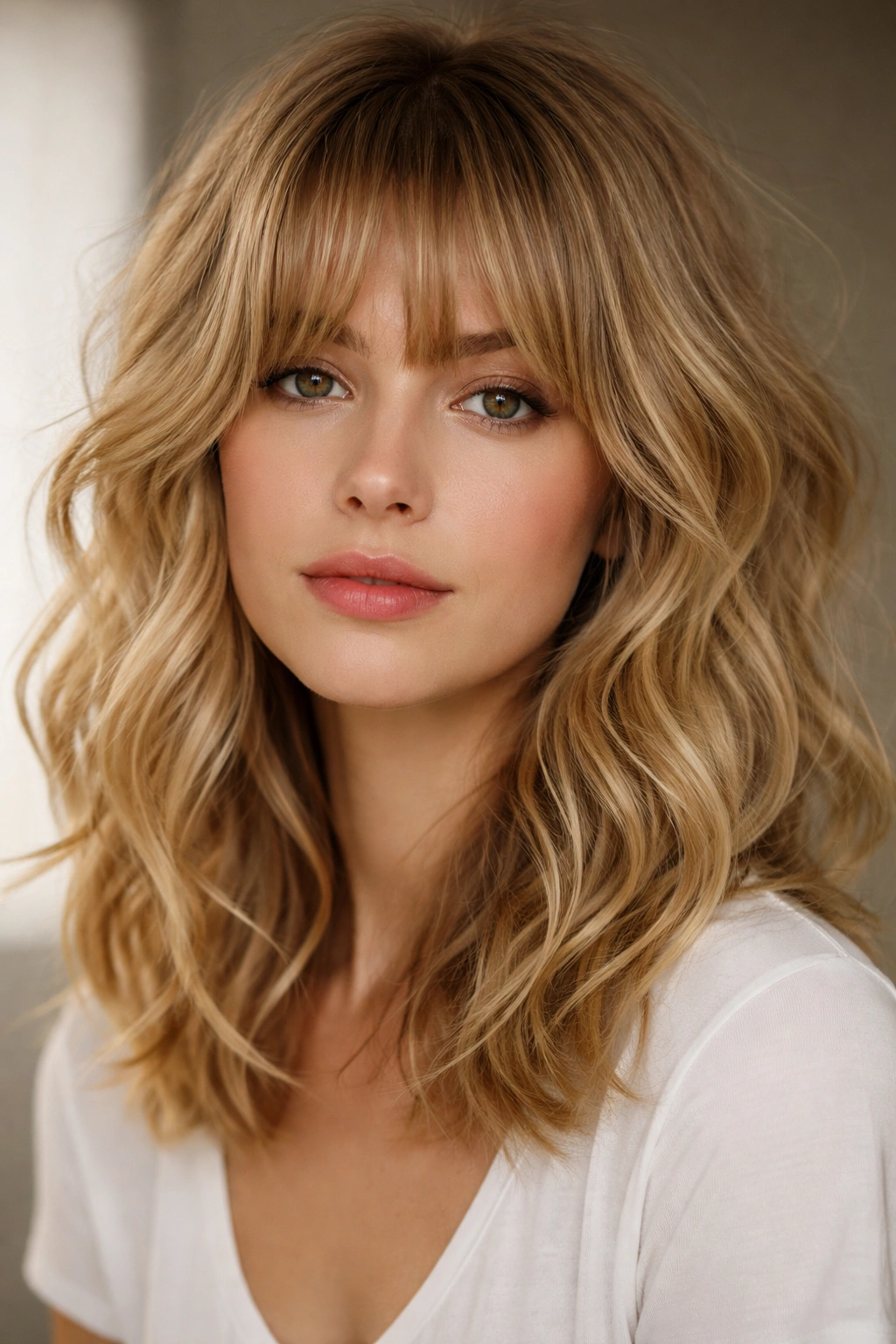 Messy waves with fuller French bangs on blonde hair