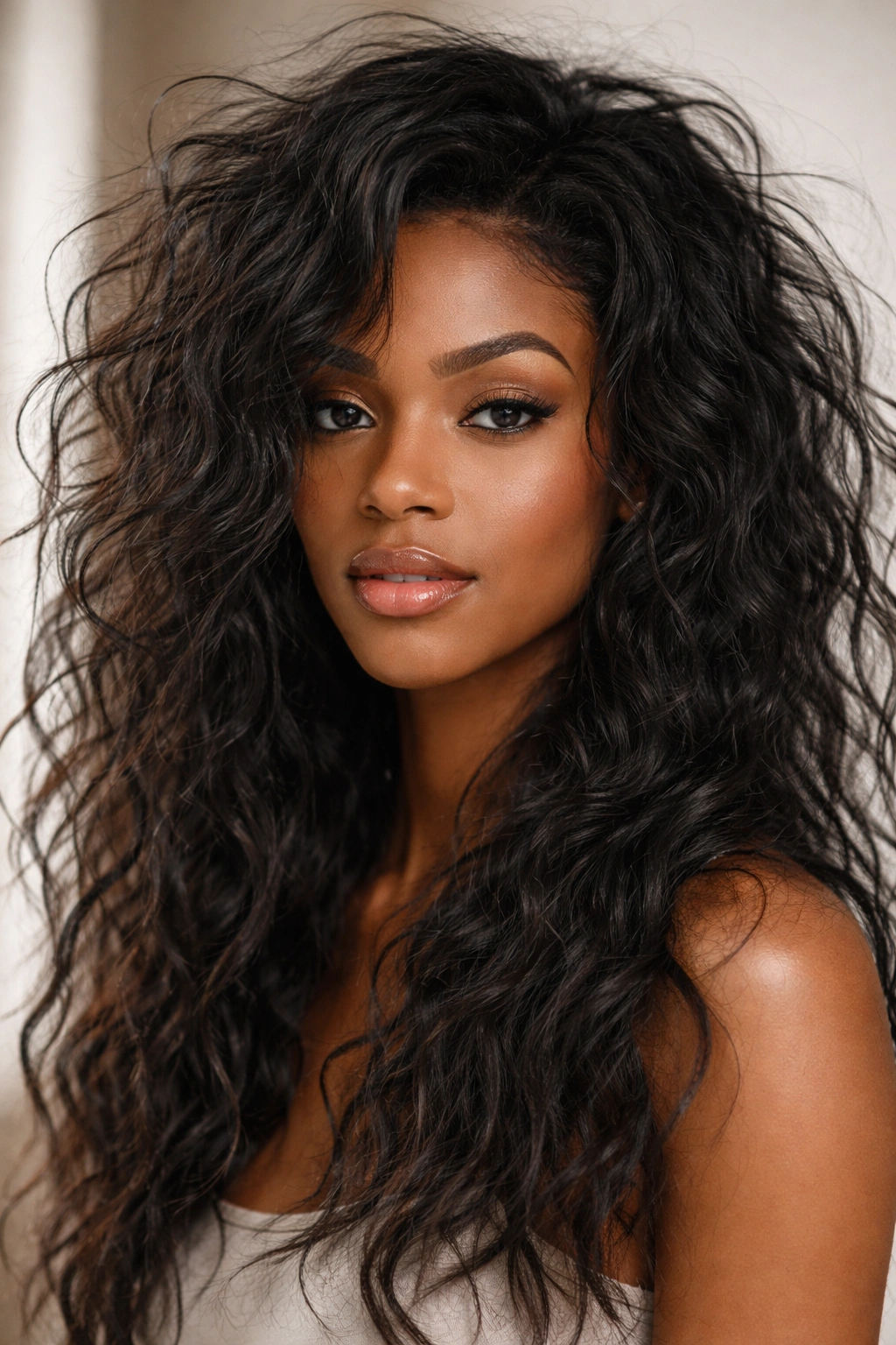 Loose, frizzy, textured messy waves on Black hair