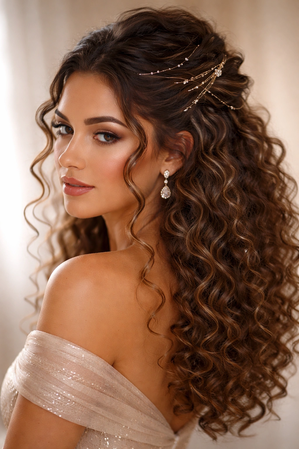 Curly half-up hairstyle with metallic accents catching light