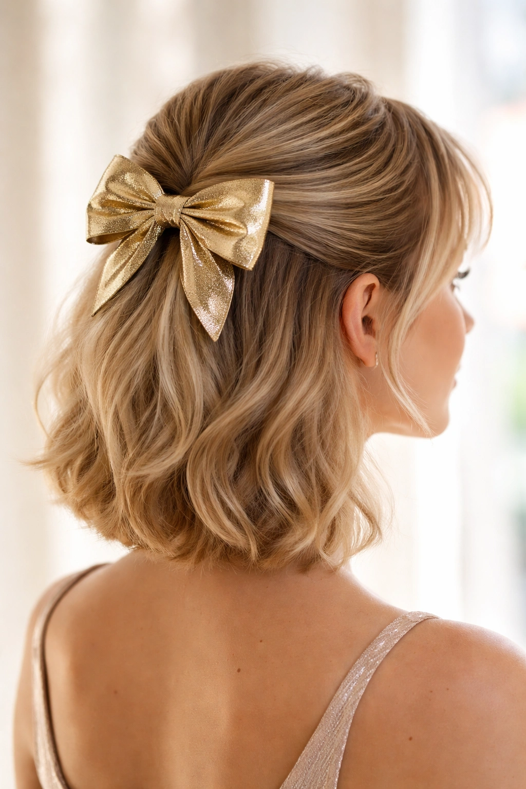 Short hair in a half-up style with a metallic bow